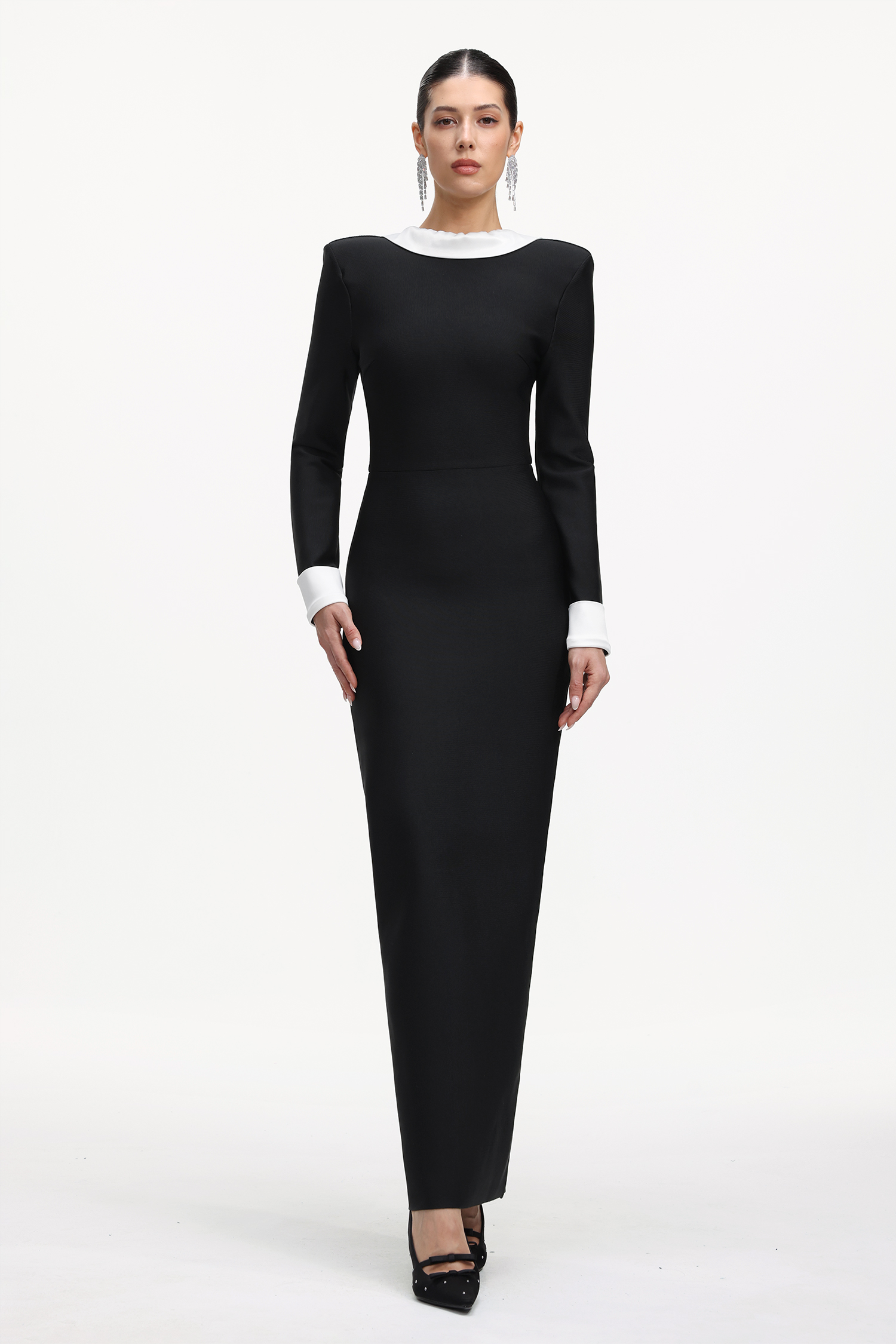 Quinta Elegant Contour Long Sleeve Contrast Bandage Maxi Dress