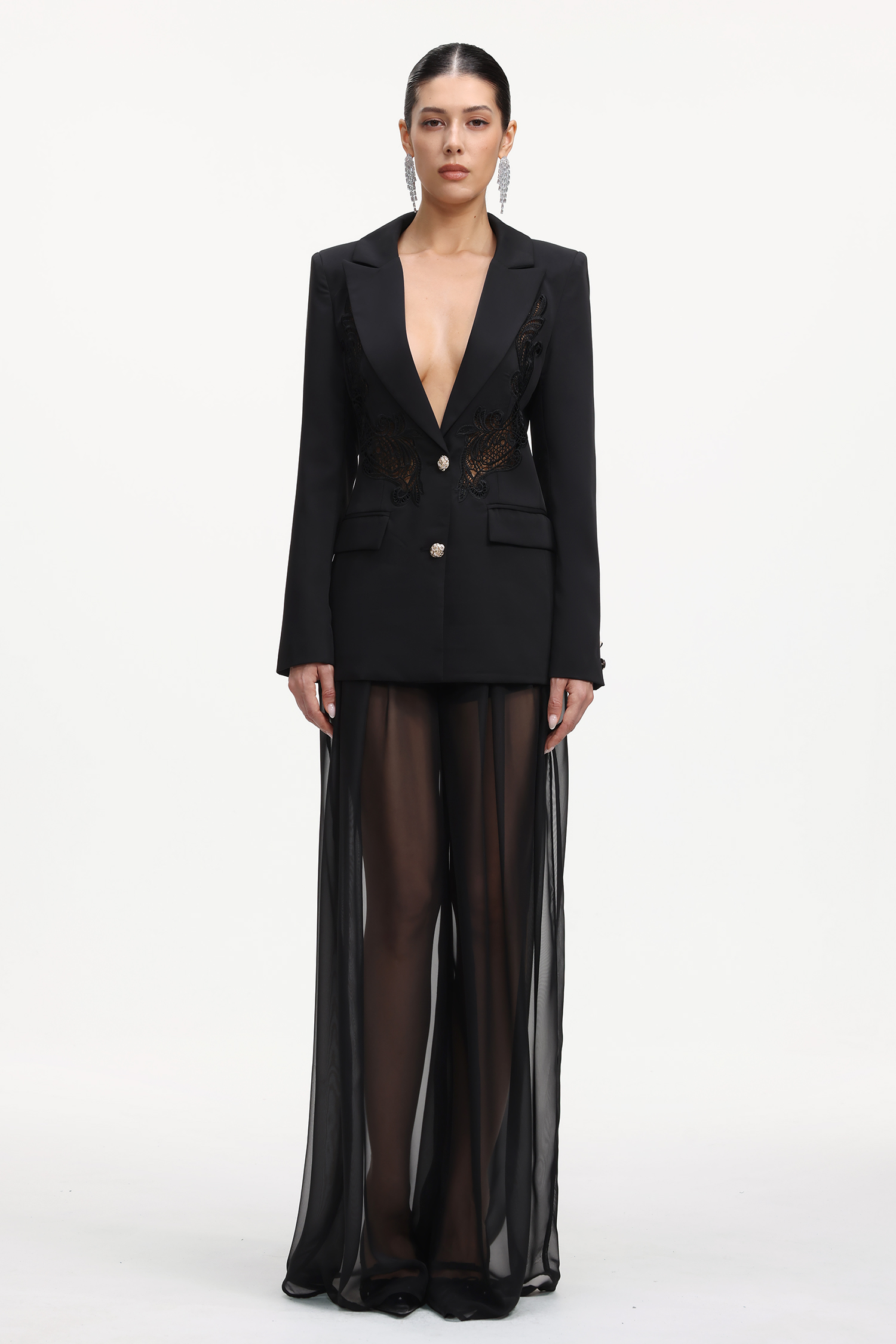 Huresa Elegant Tailored Long Sleeve Lace Blazer