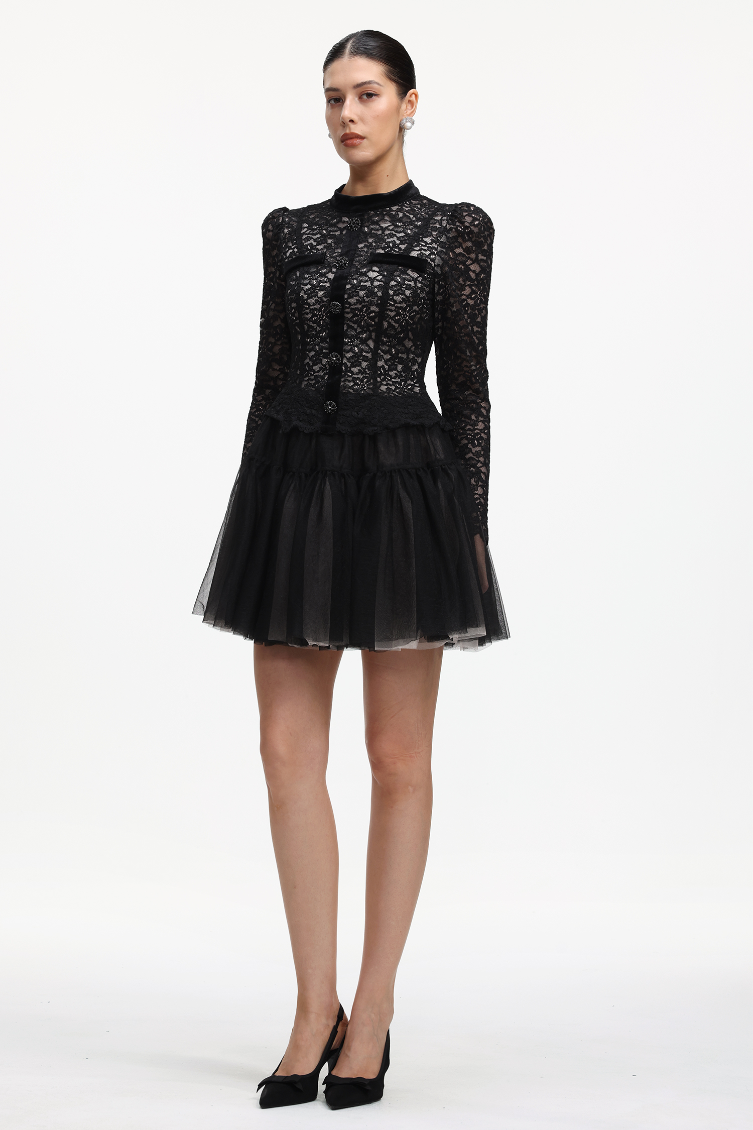 Sefa Elegant Tailored Long Sleeve Lace Mini Dress