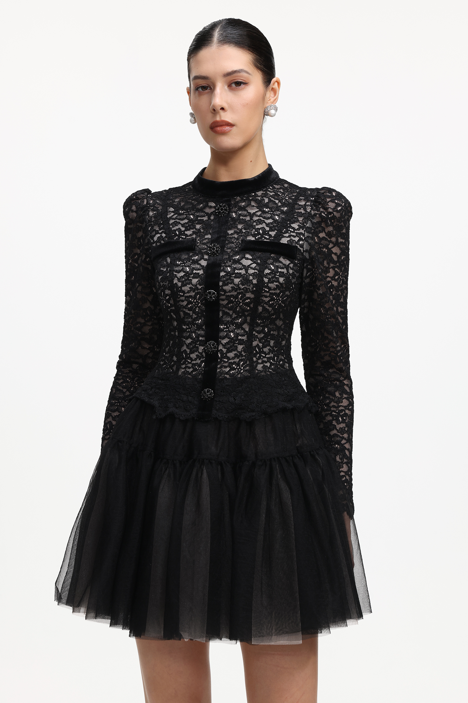 Sefa Elegant Tailored Long Sleeve Lace Mini Dress