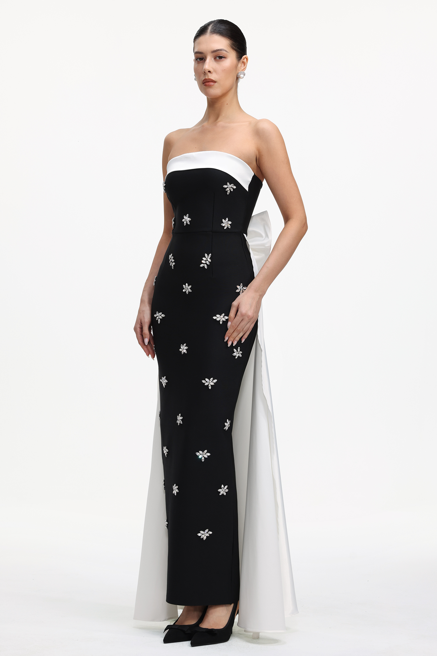 Skyler Elegant Contour Strapless Rhinestone Bow Bandage Maxi Dress