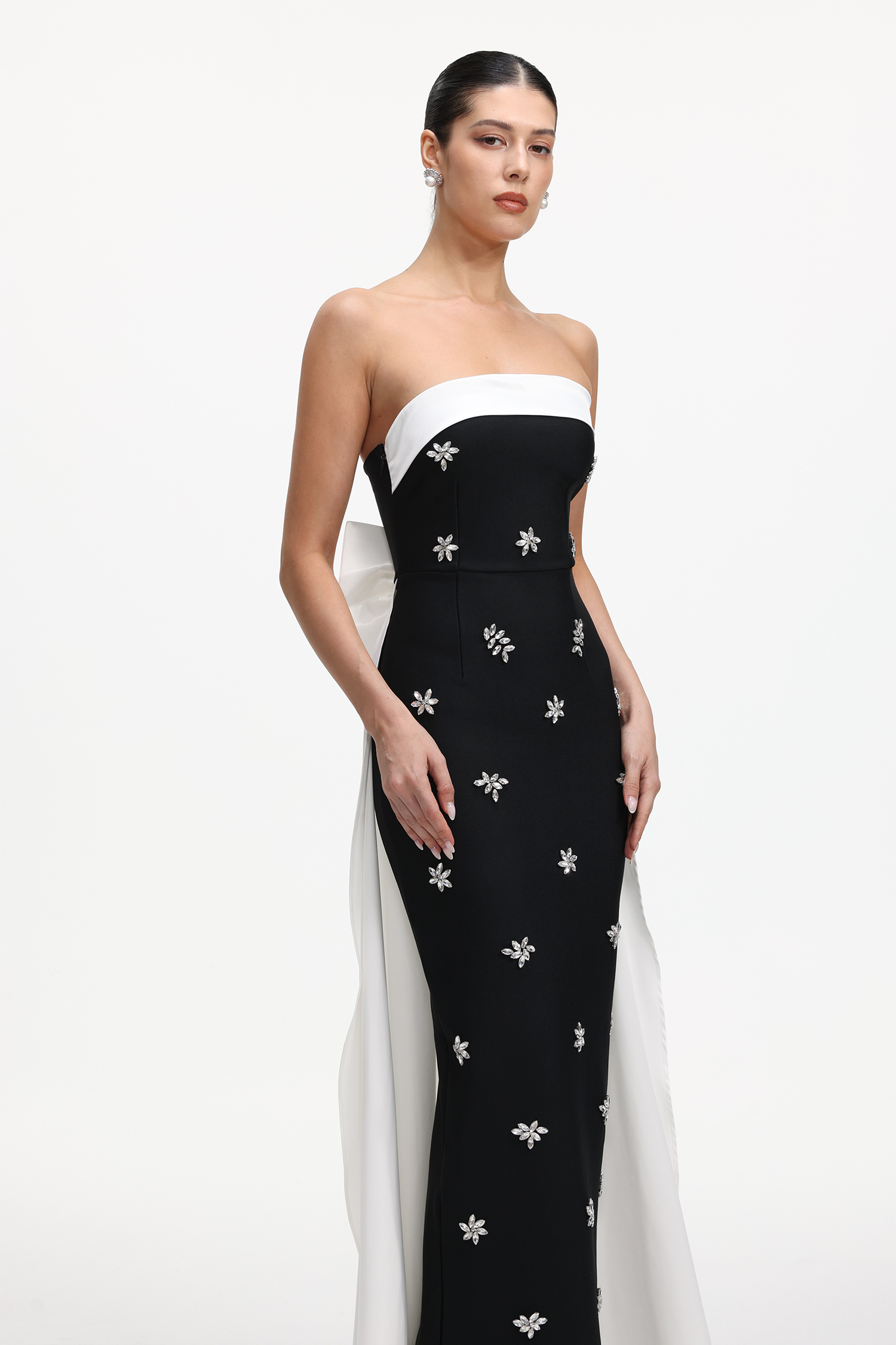 Skyler Elegant Contour Strapless Rhinestone Bow Bandage Maxi Dress