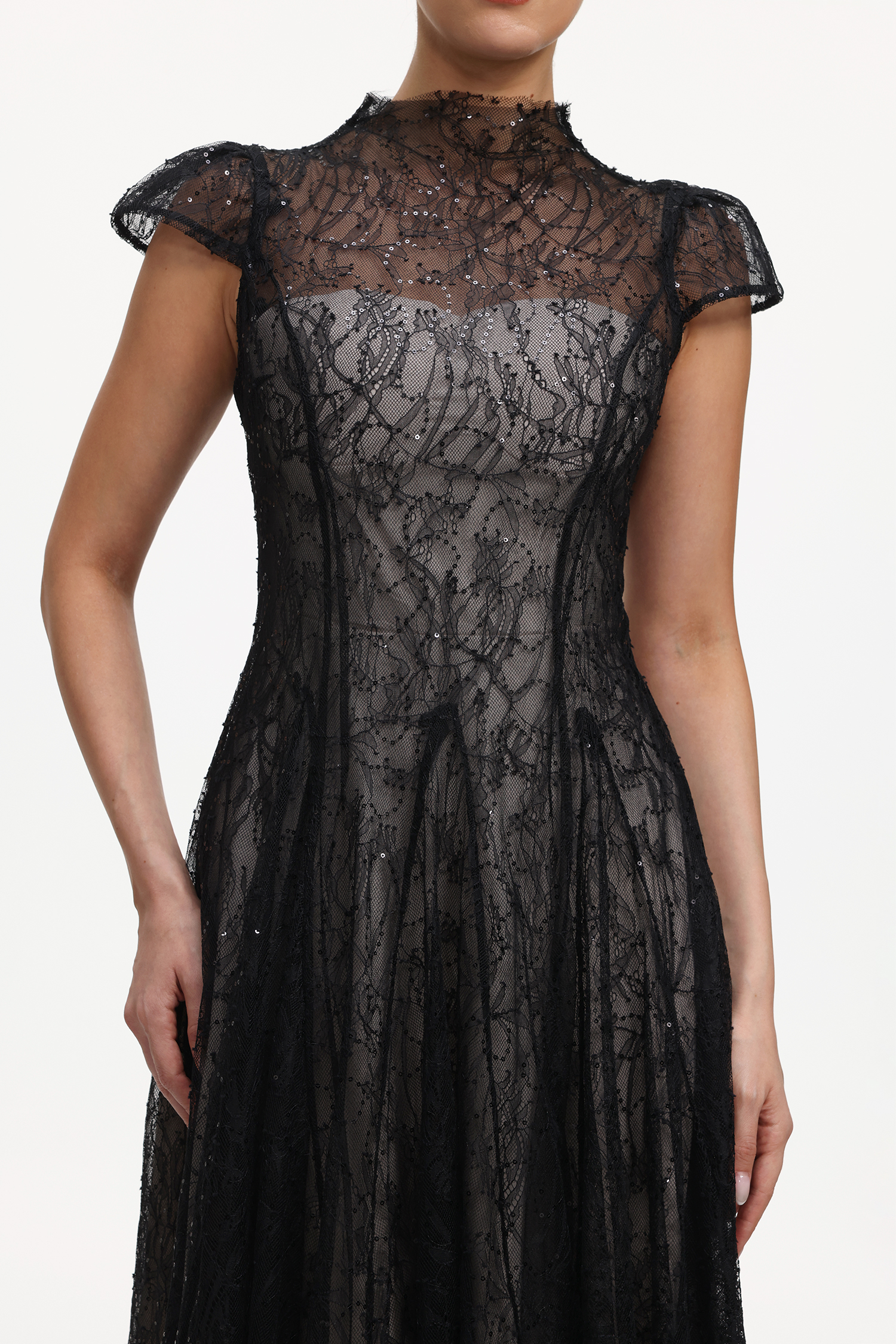 Vanina Elegant Flowy Sequin Lace Maxi Dress