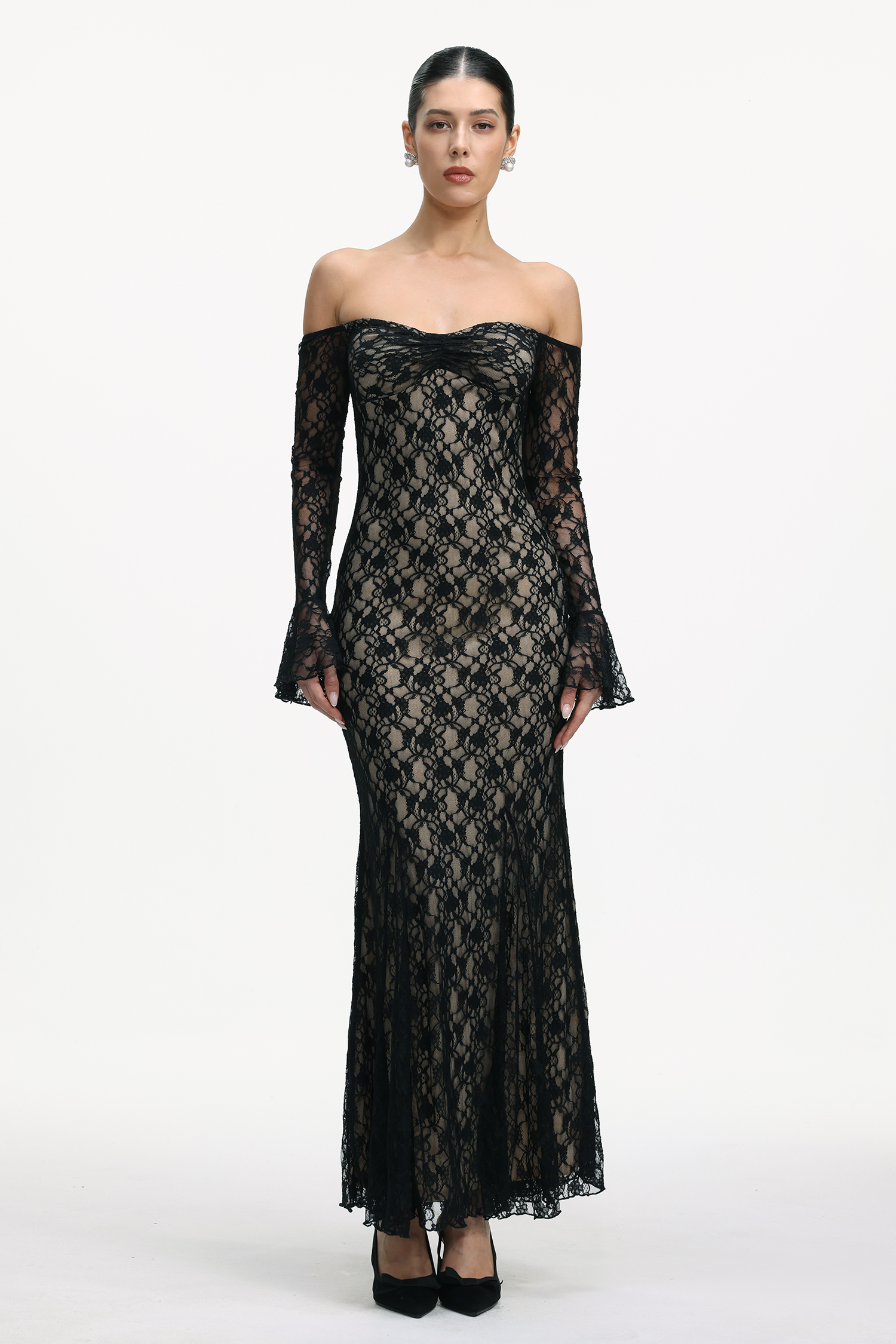 Salla Romantic Flowy Off Shoulder Long Sleeve Lace Maxi Dress