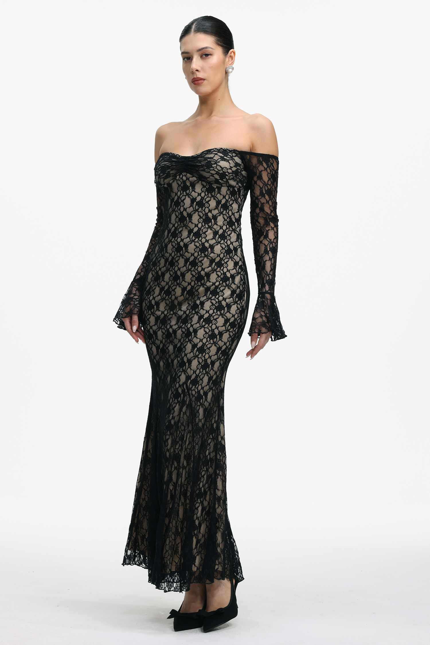 Salla Romantic Flowy Off Shoulder Long Sleeve Lace Maxi Dress