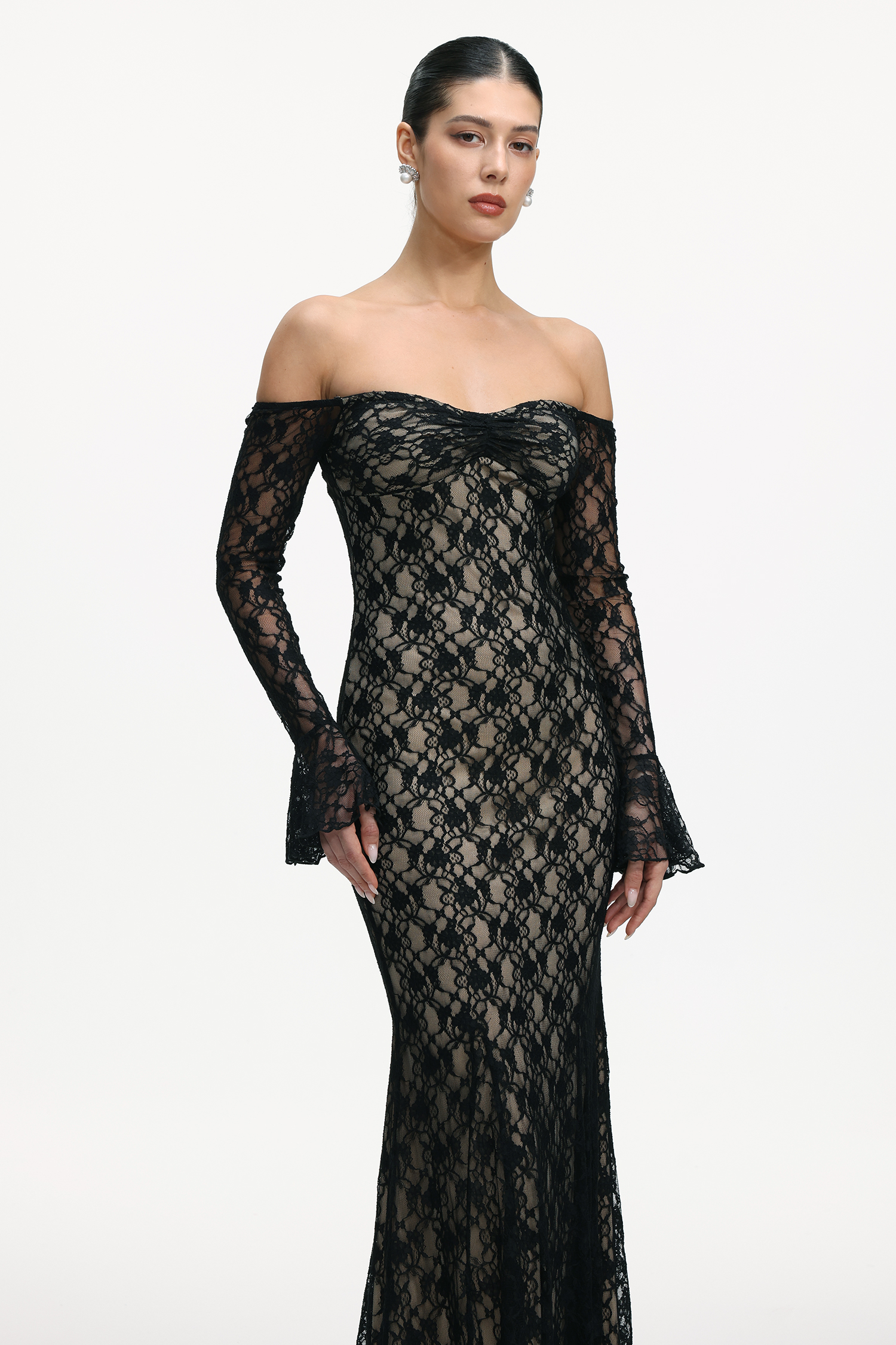 Salla Romantic Flowy Off Shoulder Long Sleeve Lace Maxi Dress
