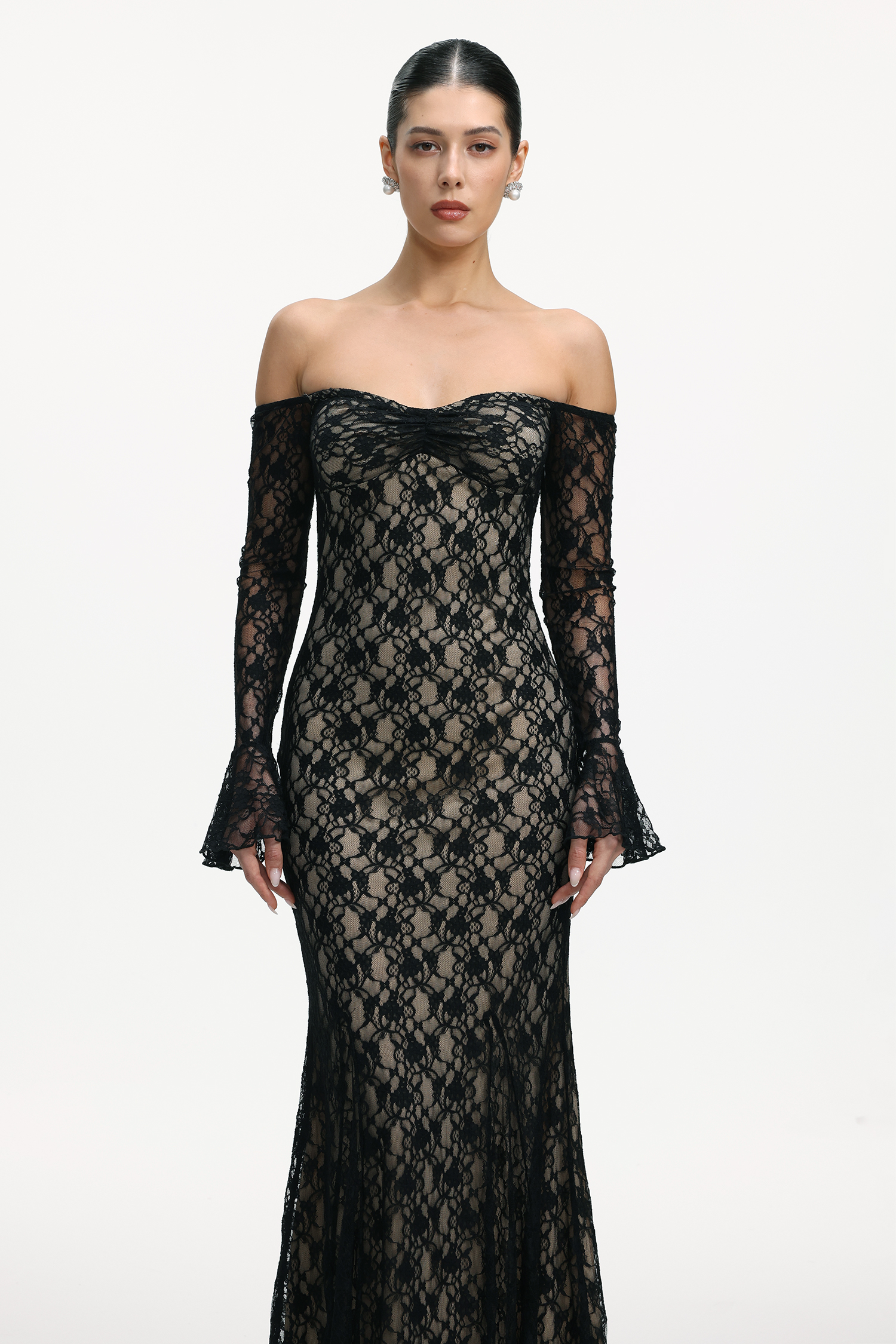 Salla Romantic Flowy Off Shoulder Long Sleeve Lace Maxi Dress