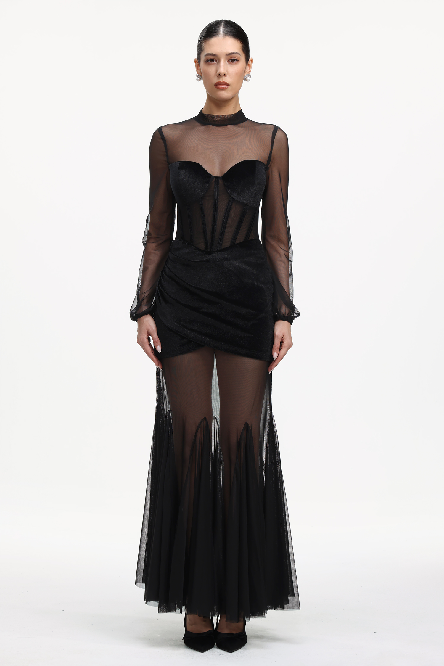 Molia Sexy Contour Long Sleeve Velvet Mesh Maxi Dress