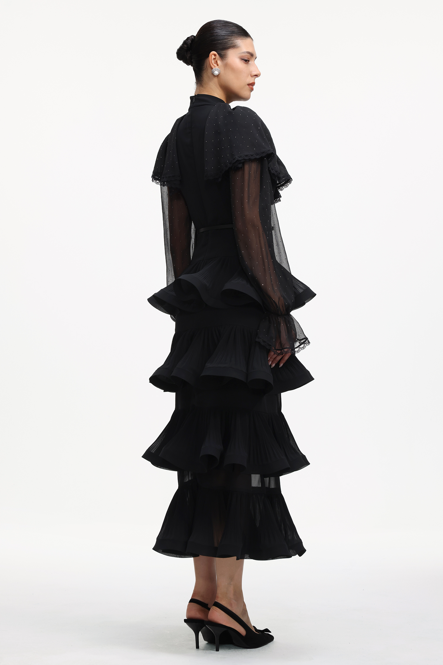 Sabrina Elegant Flowy Long Sleeve Crystal Ruffle Mesh Maxi Dress