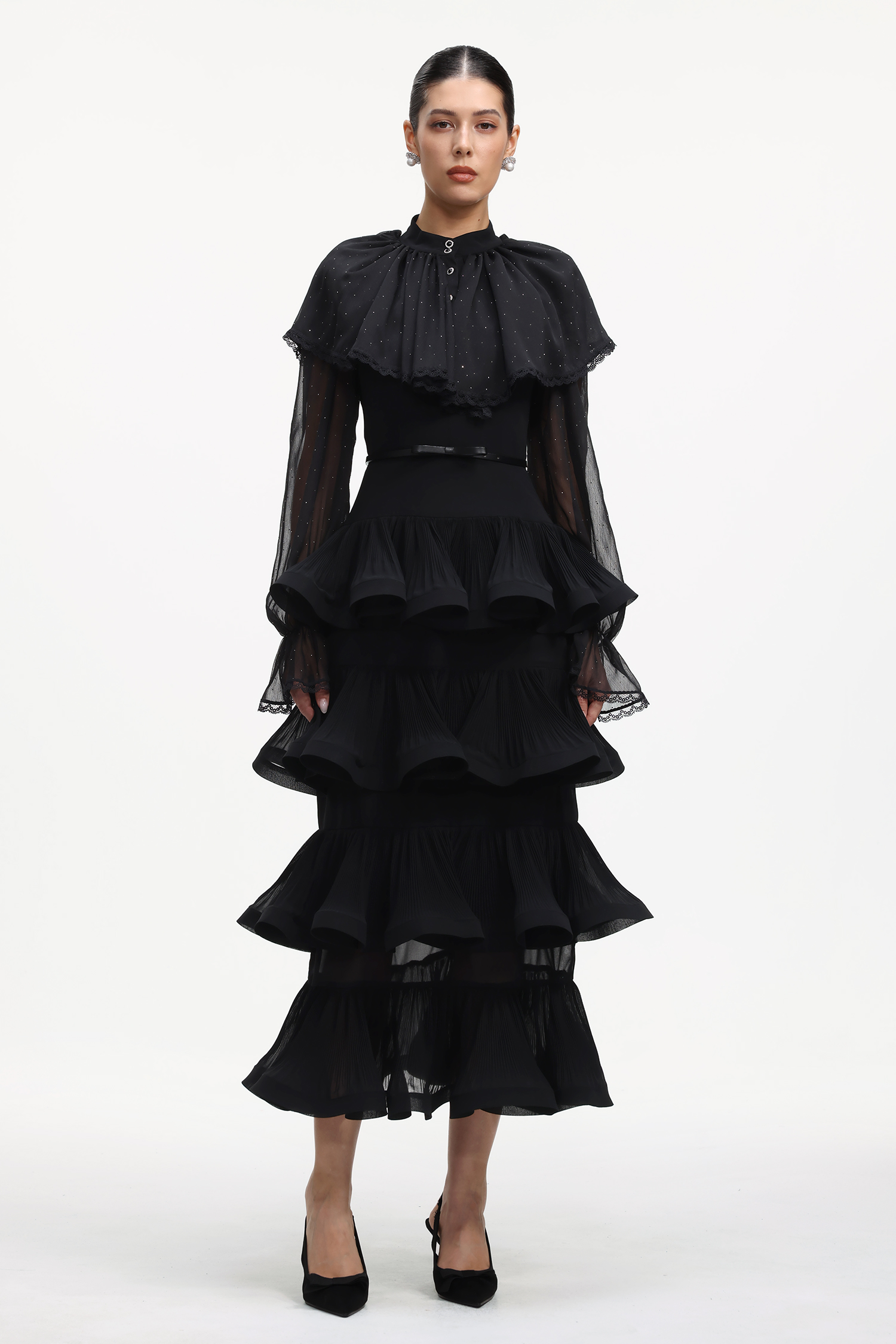 Sabrina Elegant Flowy Long Sleeve Crystal Ruffle Mesh Maxi Dress