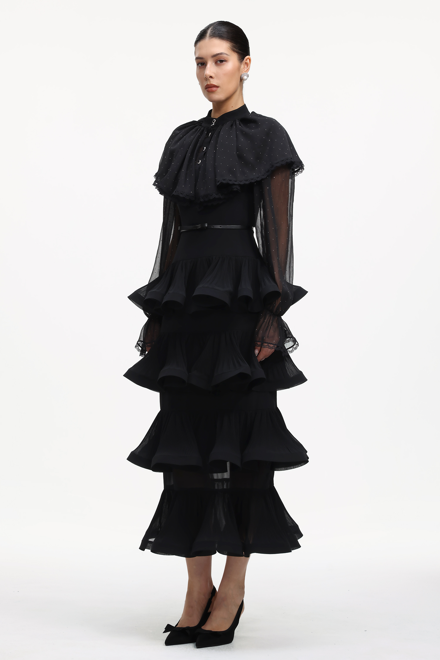 Sabrina Elegant Flowy Long Sleeve Crystal Ruffle Mesh Maxi Dress