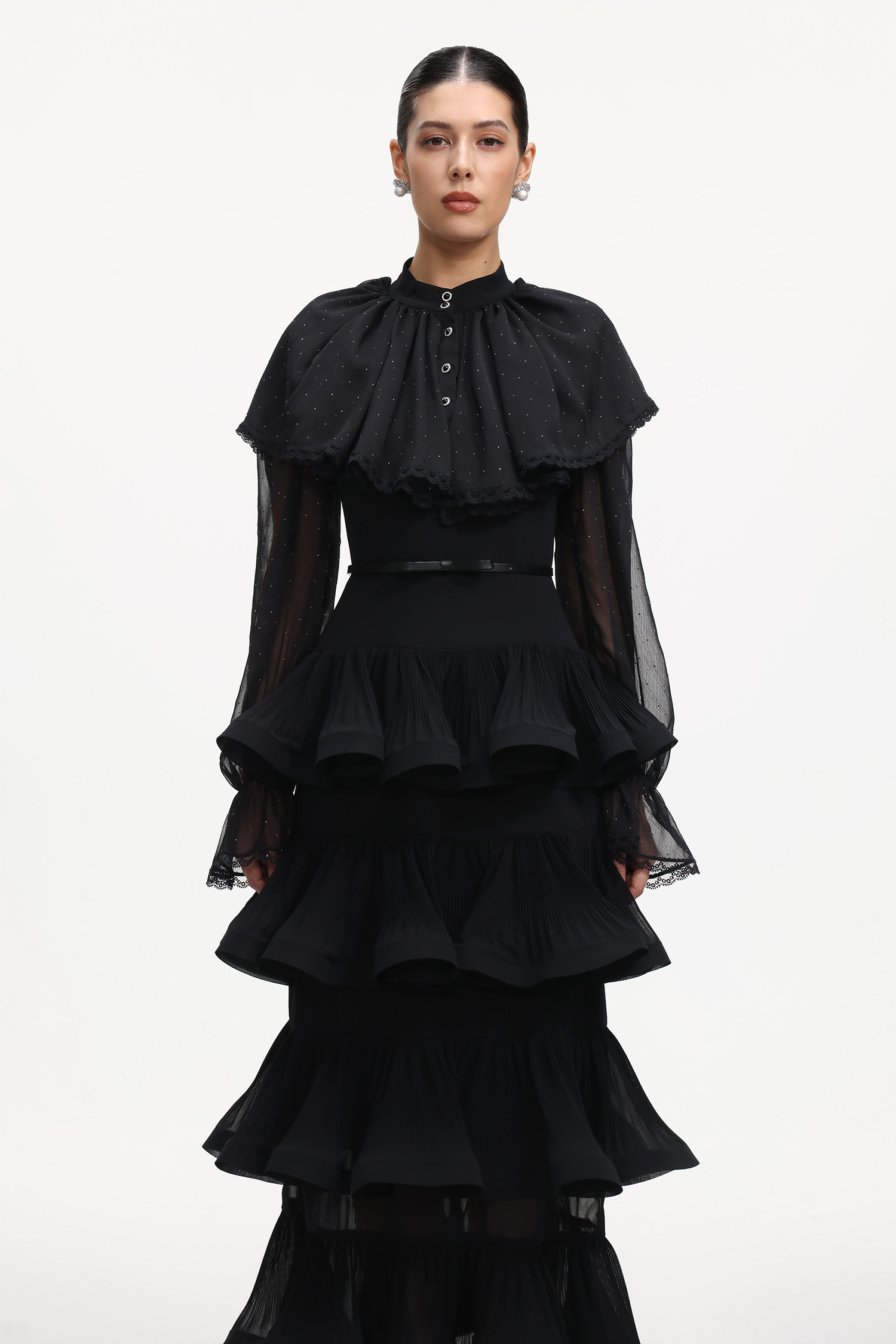 Sabrina Elegant Flowy Long Sleeve Crystal Ruffle Mesh Maxi Dress