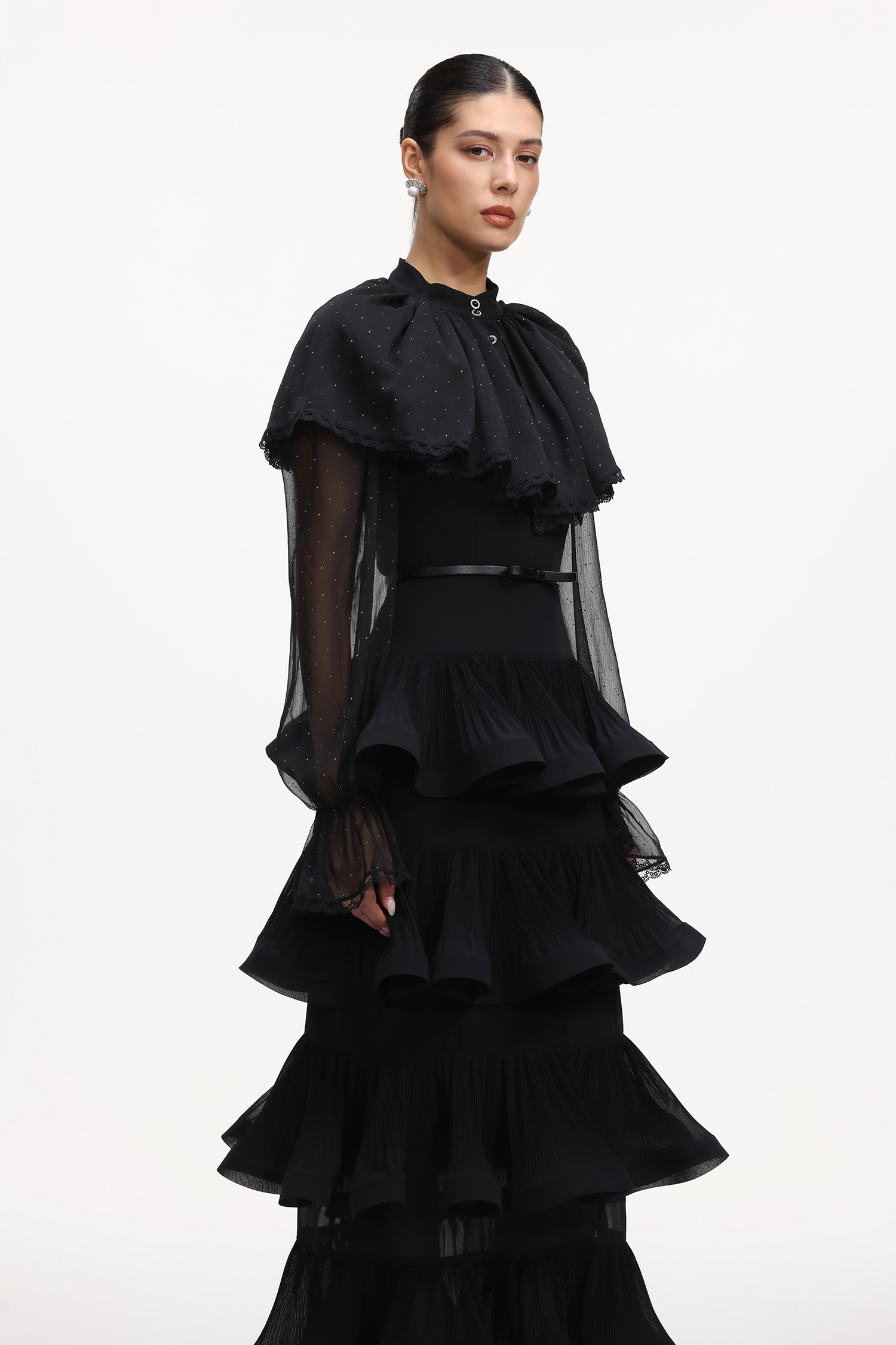 Sabrina Elegant Flowy Long Sleeve Crystal Ruffle Mesh Maxi Dress