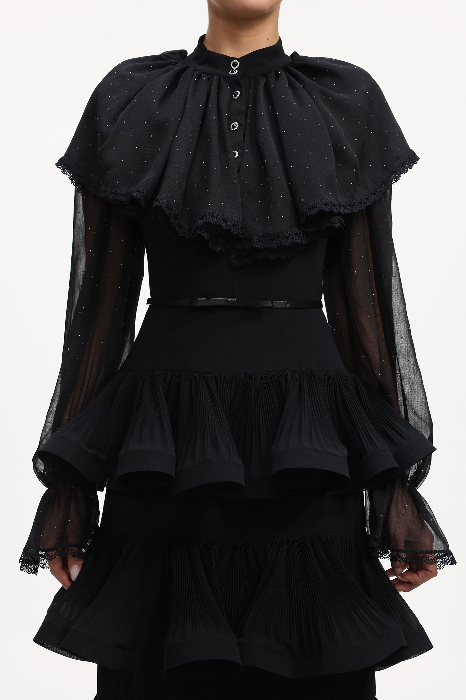 Sabrina Elegant Flowy Long Sleeve Crystal Ruffle Mesh Maxi Dress