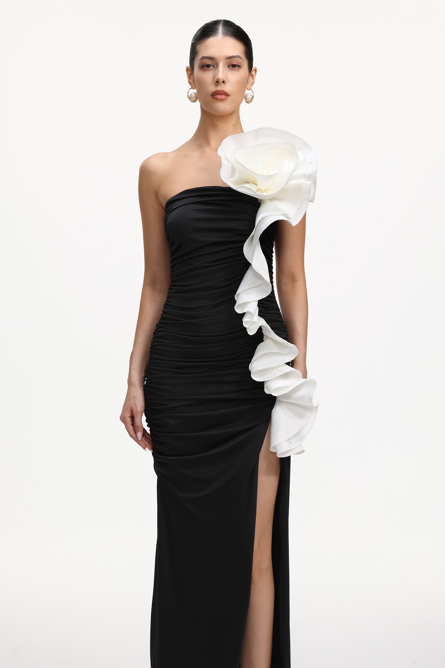 Liama Elegant Contour Strapless Floral Ruffle Knit Maxi Dress