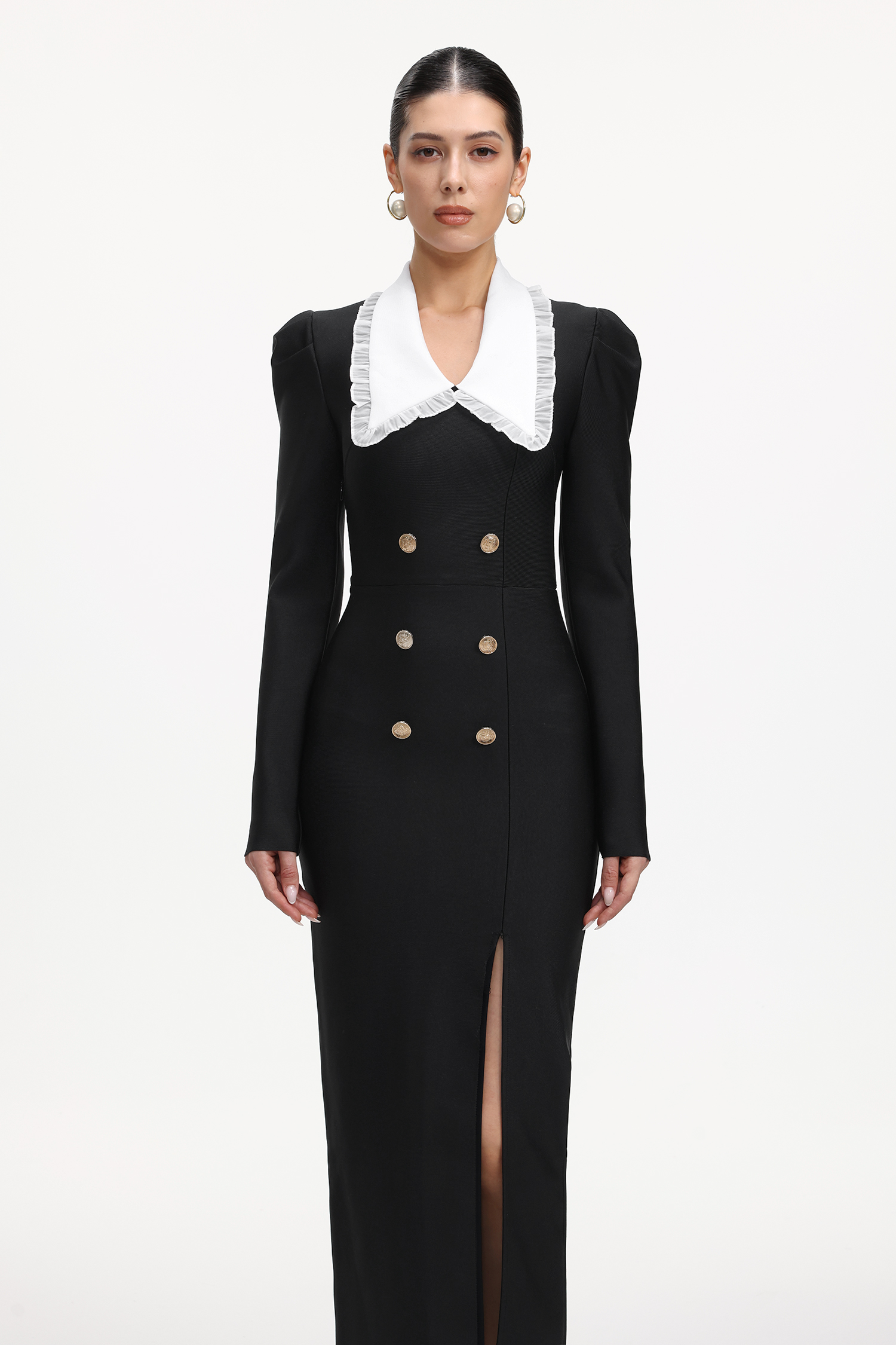 Inez Classic Contour Contrast High Slit Bandage Maxi Dress