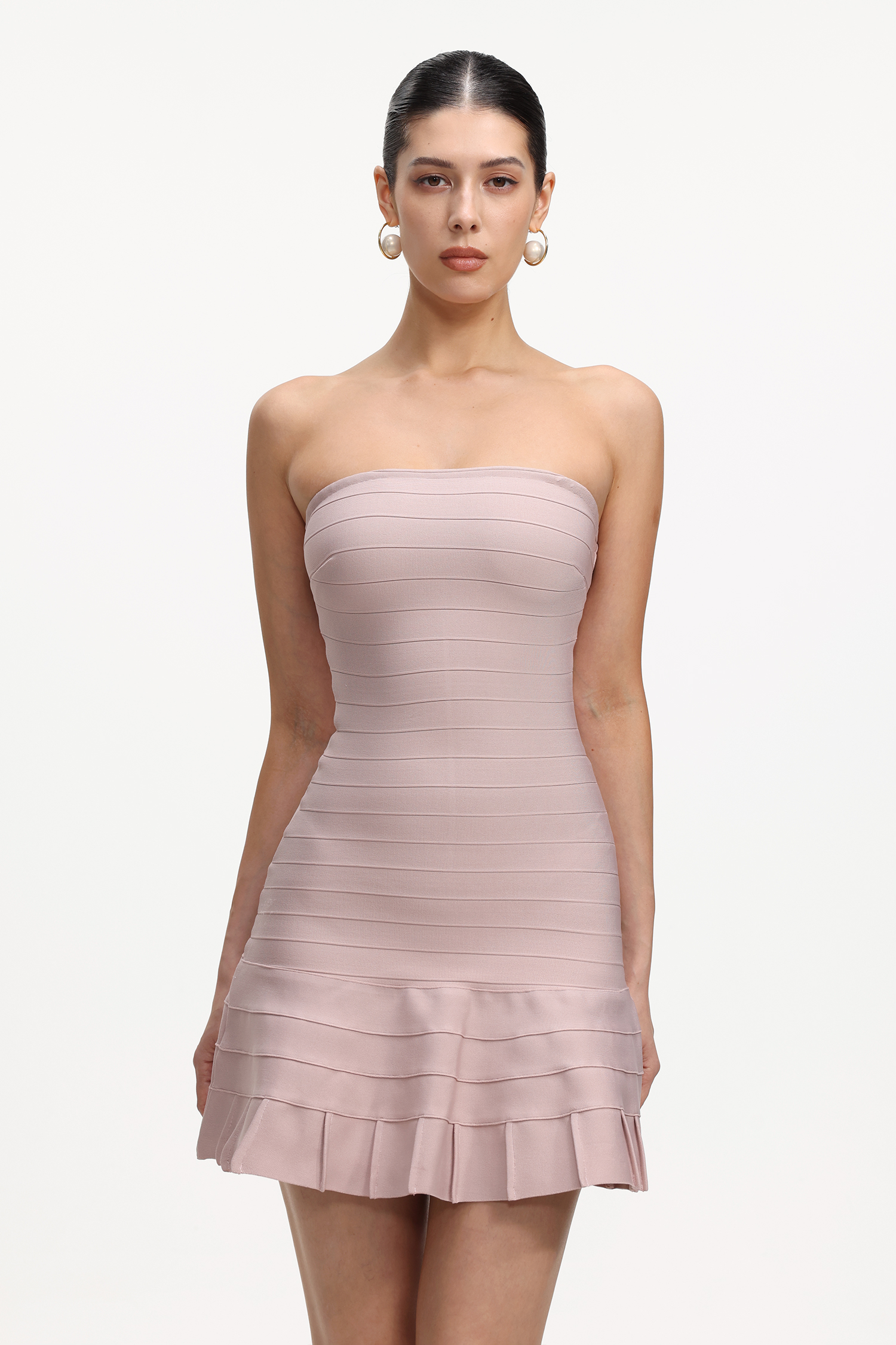 Priscilla Romantic Contour Strapless Bandage Beige Mini Dress