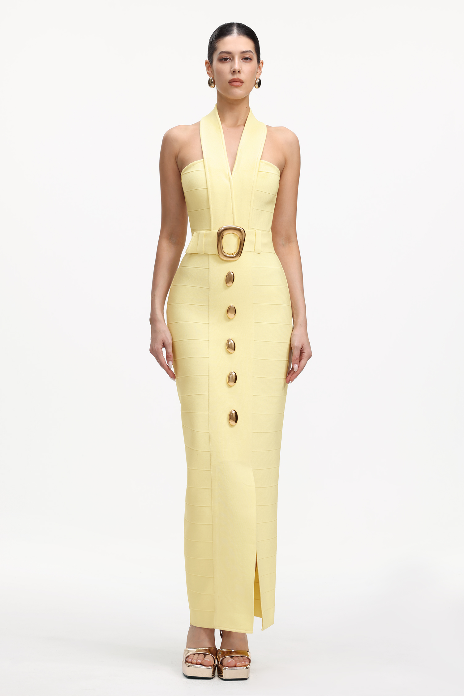 Lanla Chic Contour Halter Metal Buckle Bandage Maxi Dress