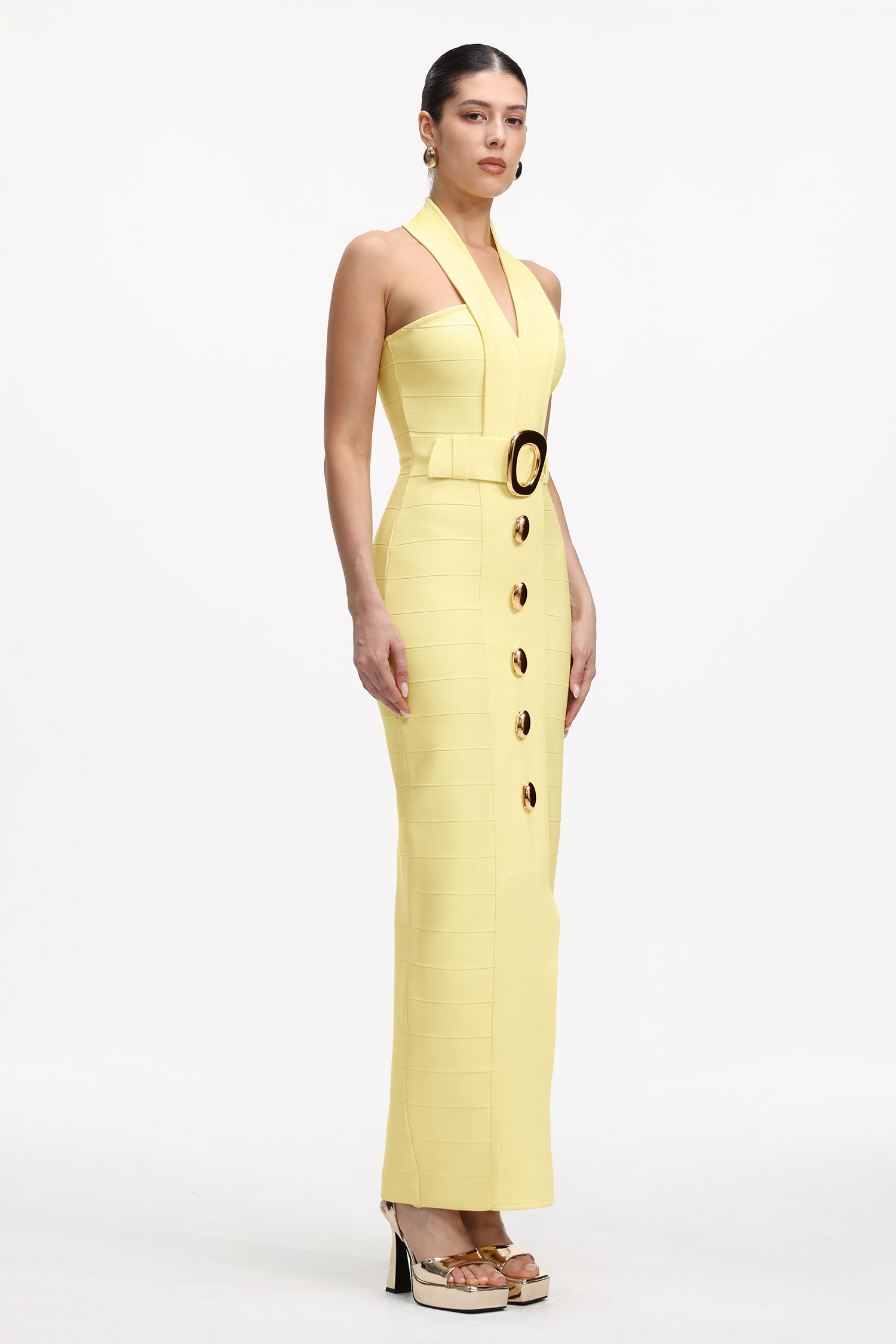 Lanla Chic Contour Halter Metal Buckle Bandage Maxi Dress