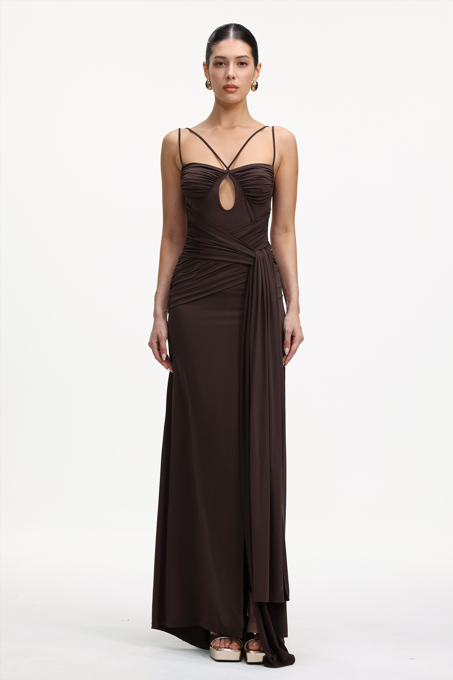 Ruthie Elegant Contour Sleeveless Cut Out Ruched Knit Maxi Dress