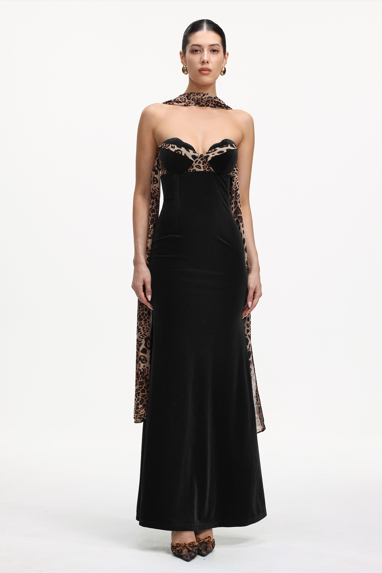 Kijin Chic Contour Strapless Leopard Print Velvet Maxi Dress