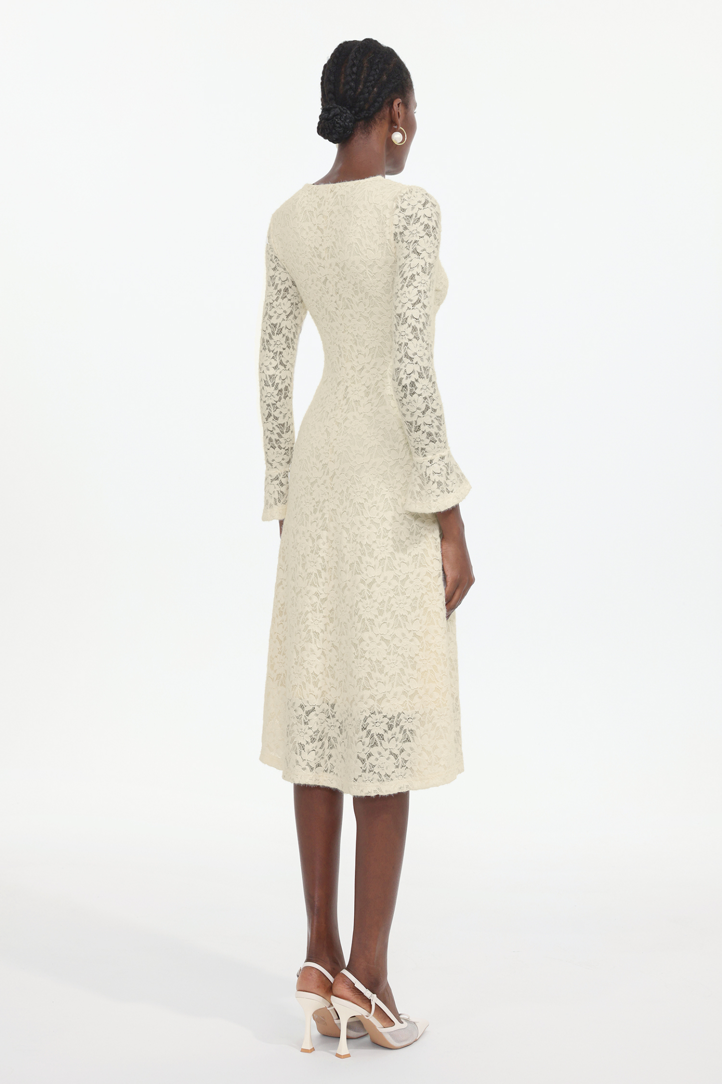 Ganaba Elegant Contour V Neck Long Sleeve Floral Lace Midi Dress