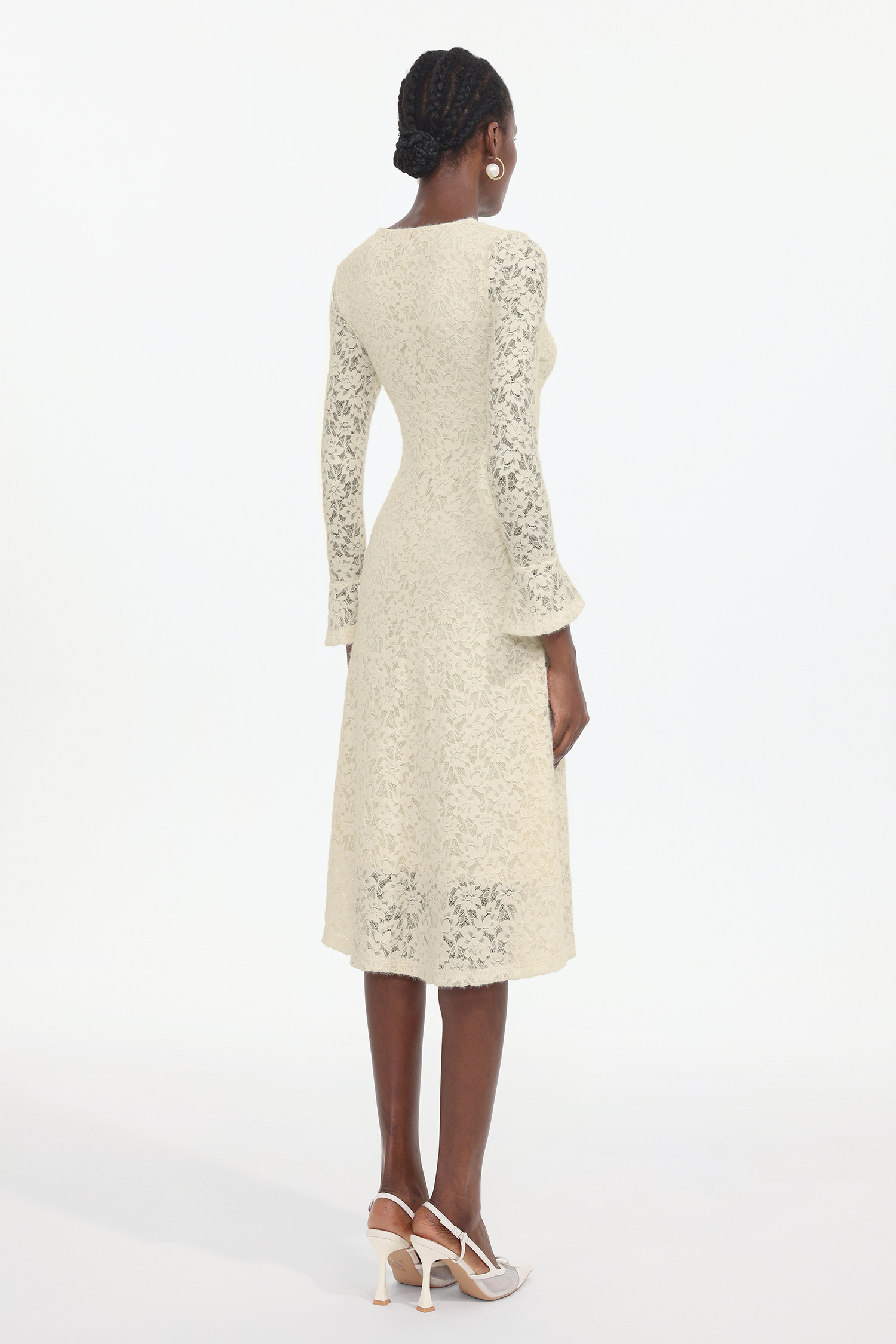 Ganaba Elegant Contour V Neck Long Sleeve Floral Lace Midi Dress