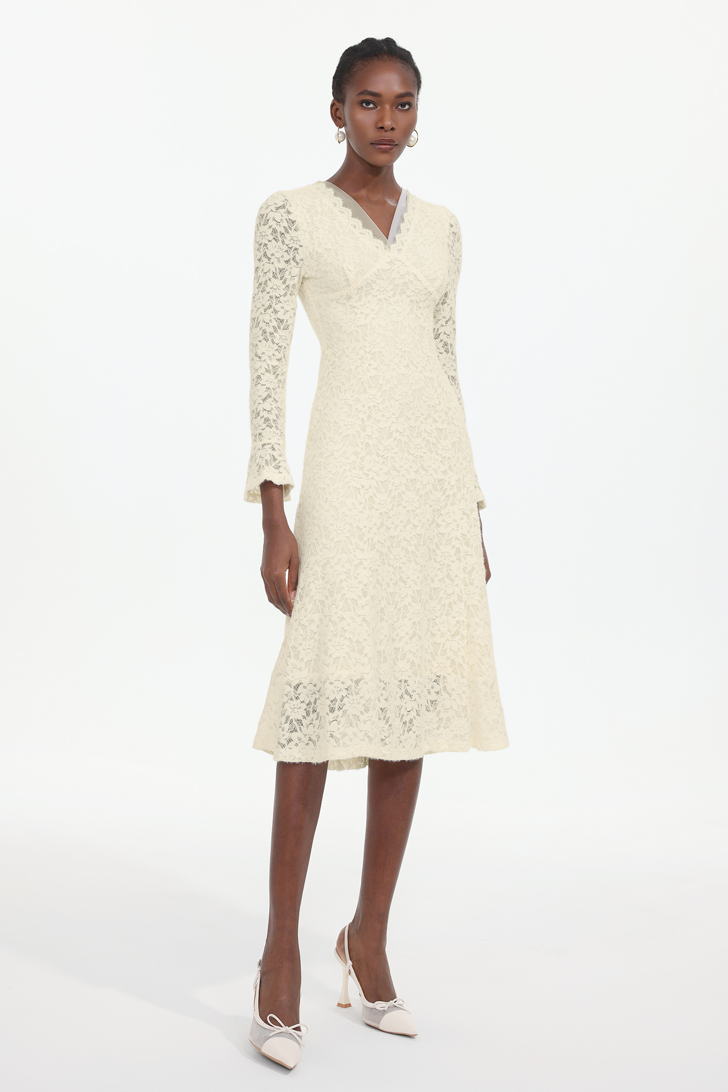 Ganaba Elegant Contour V Neck Long Sleeve Floral Lace Midi Dress
