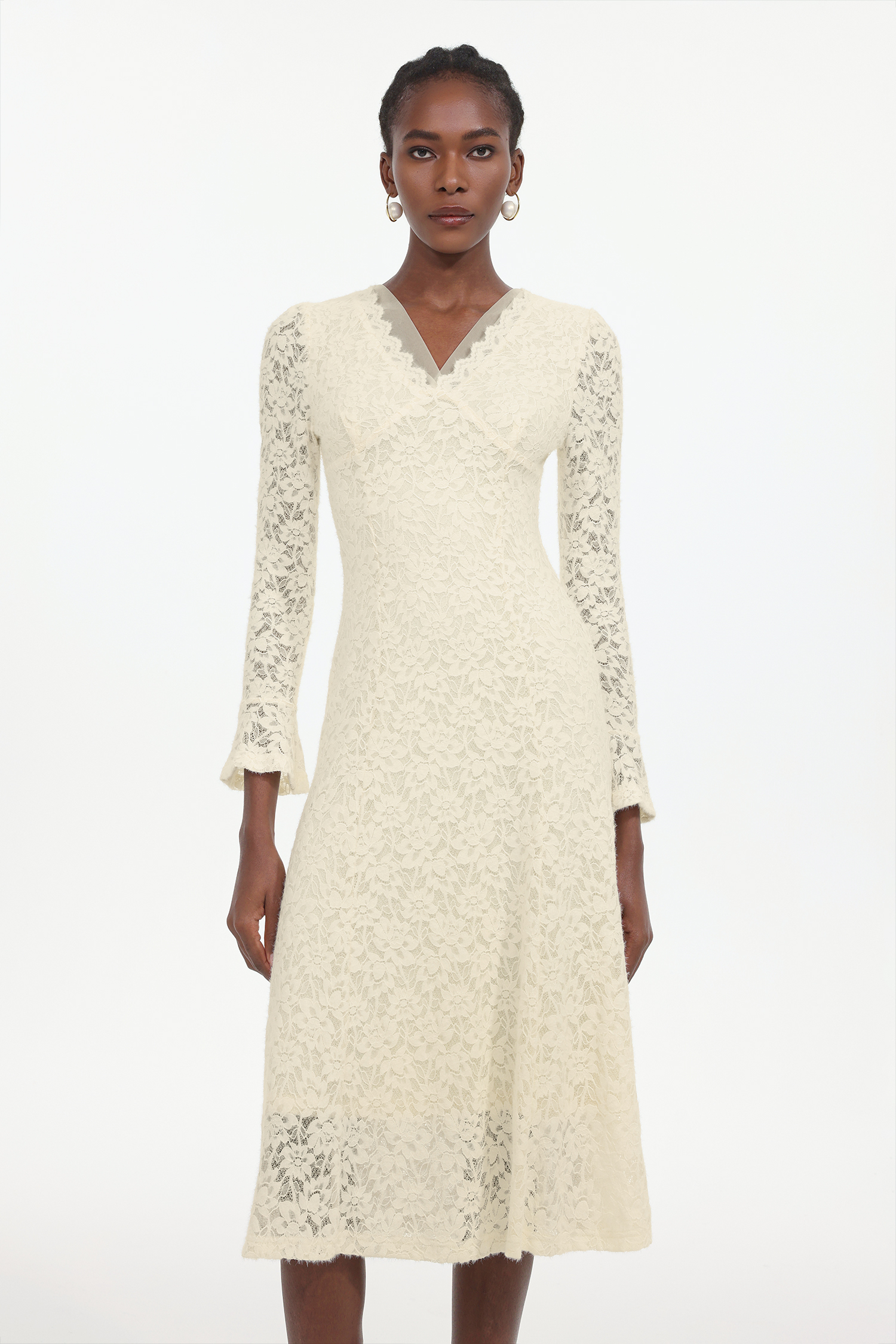 Ganaba Elegant Contour V Neck Long Sleeve Floral Lace Midi Dress