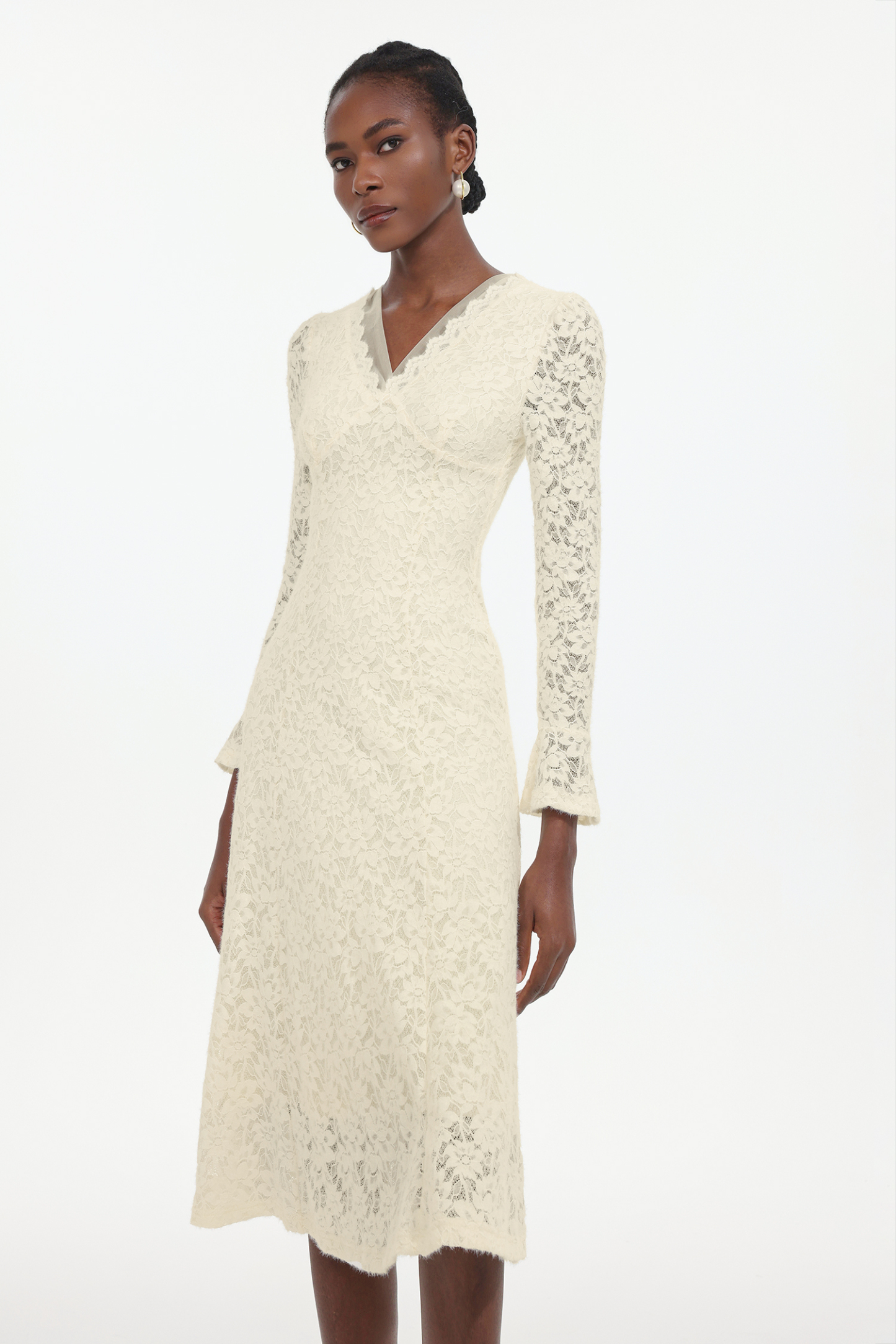 Ganaba Elegant Contour V Neck Long Sleeve Floral Lace Midi Dress