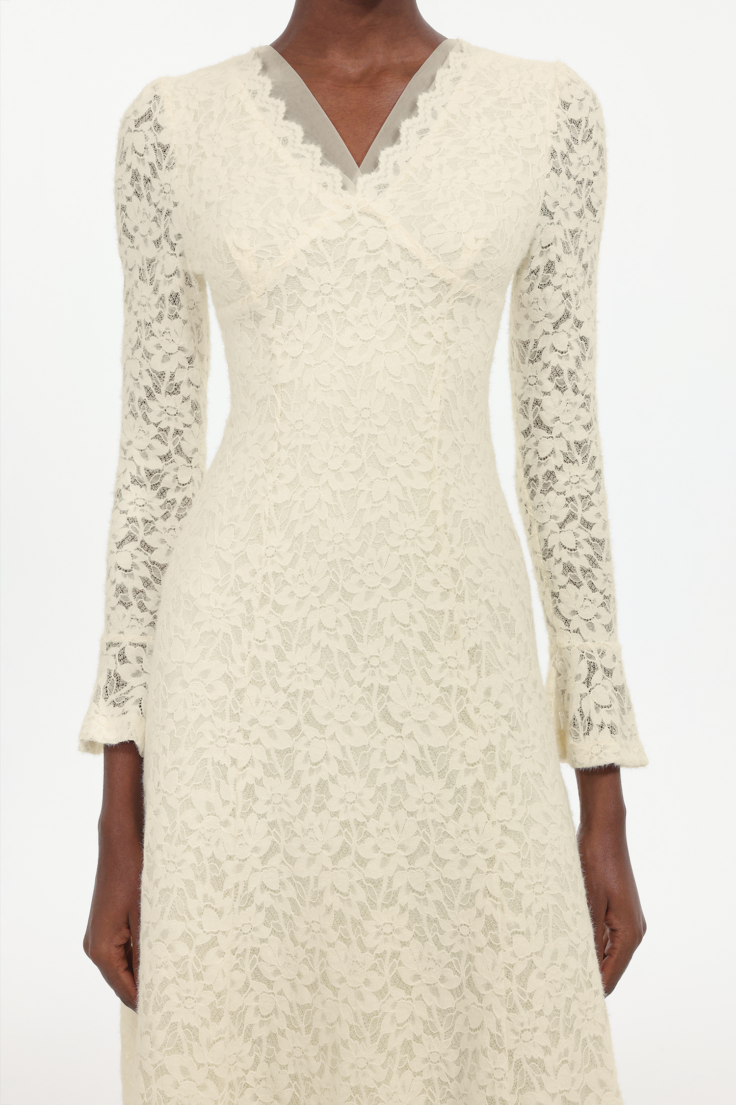 Ganaba Elegant Contour V Neck Long Sleeve Floral Lace Midi Dress
