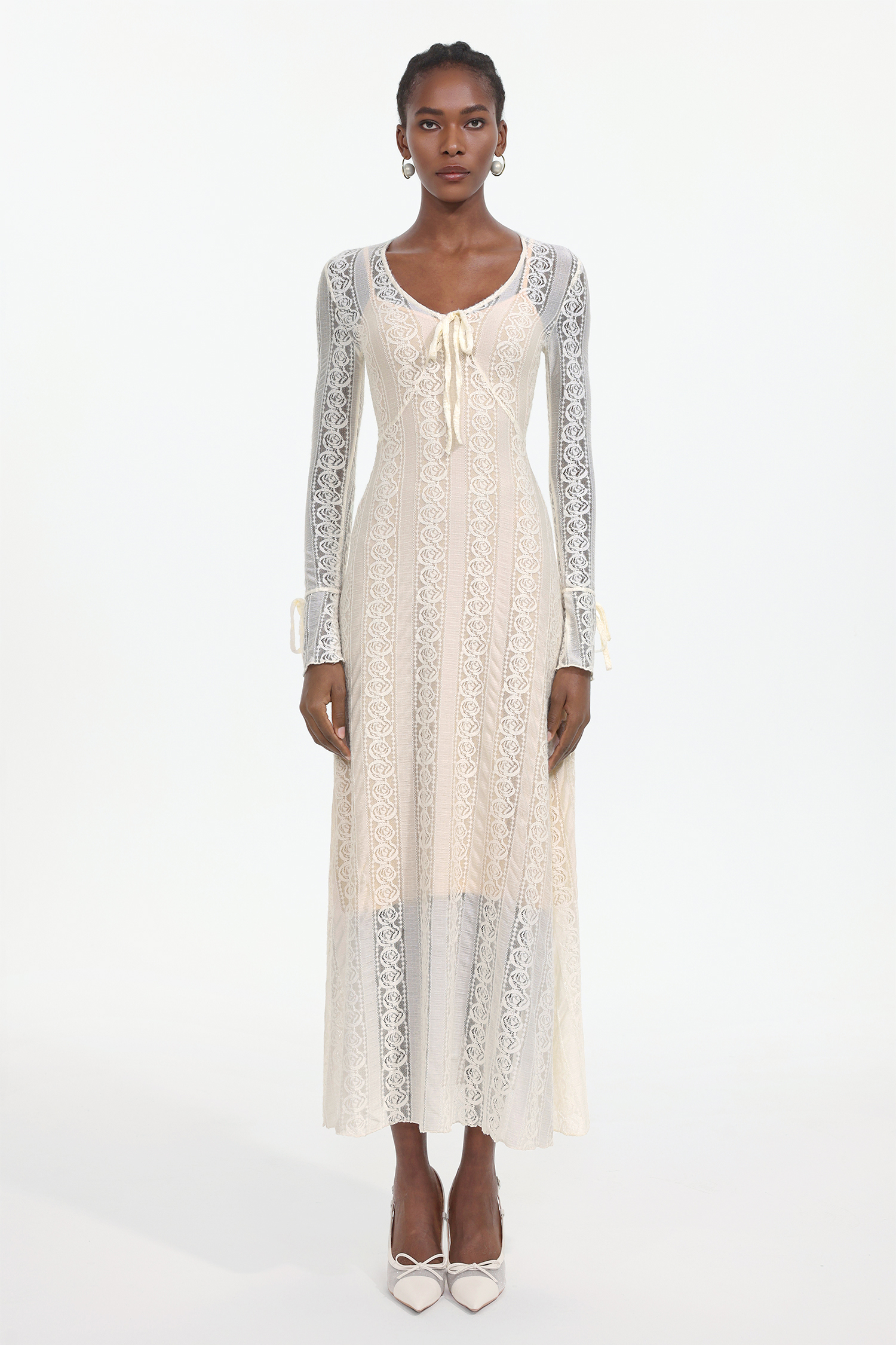 Katya Romantic Contour Long Sleeve Bow Lace White Maxi Dress