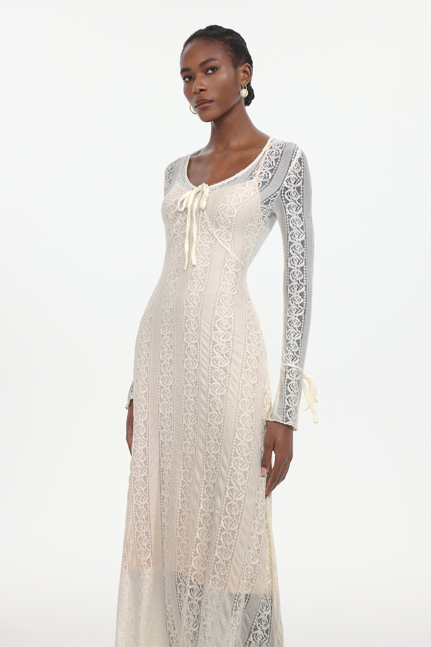 Katya Romantic Contour Long Sleeve Bow Lace White Maxi Dress