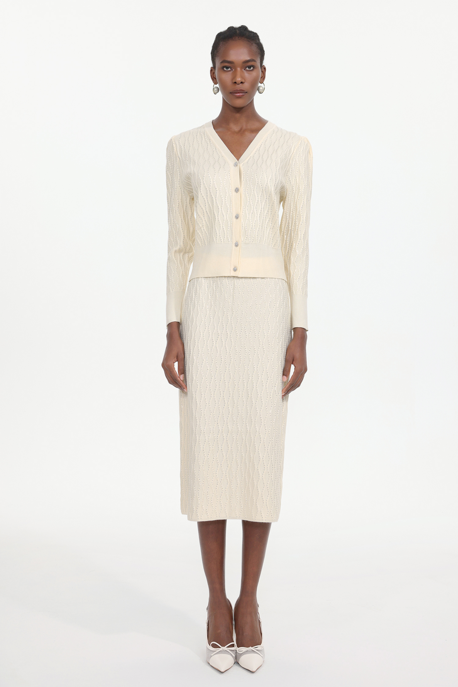 Serafe Romantic Contour Long Sleeve Knit Top And Skirt Two-Piece Set