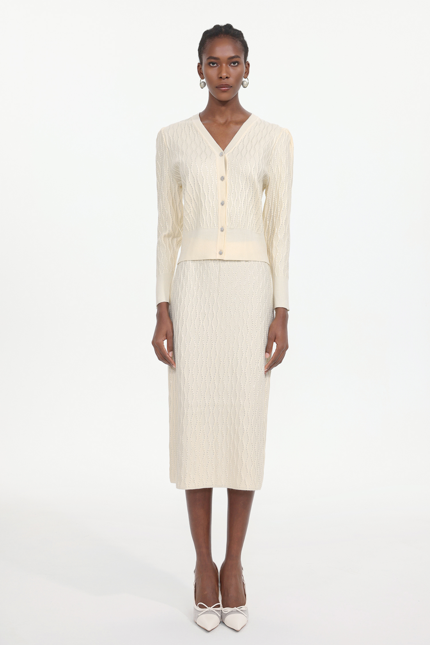 Serafe Romantic Contour Long Sleeve Knit Top And Skirt Two-Piece Set