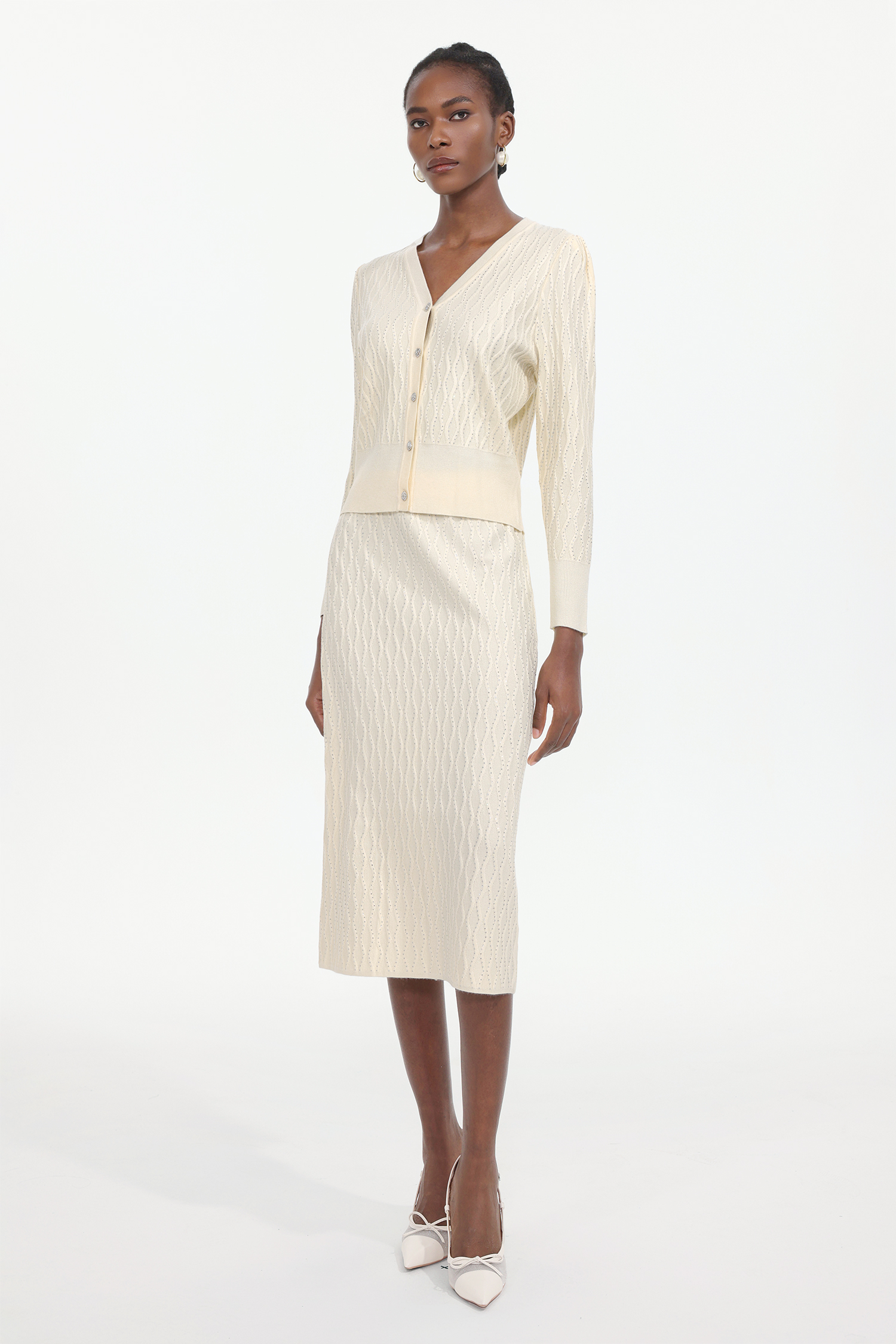 Serafe Romantic Contour Long Sleeve Knit Top And Skirt Two-Piece Set