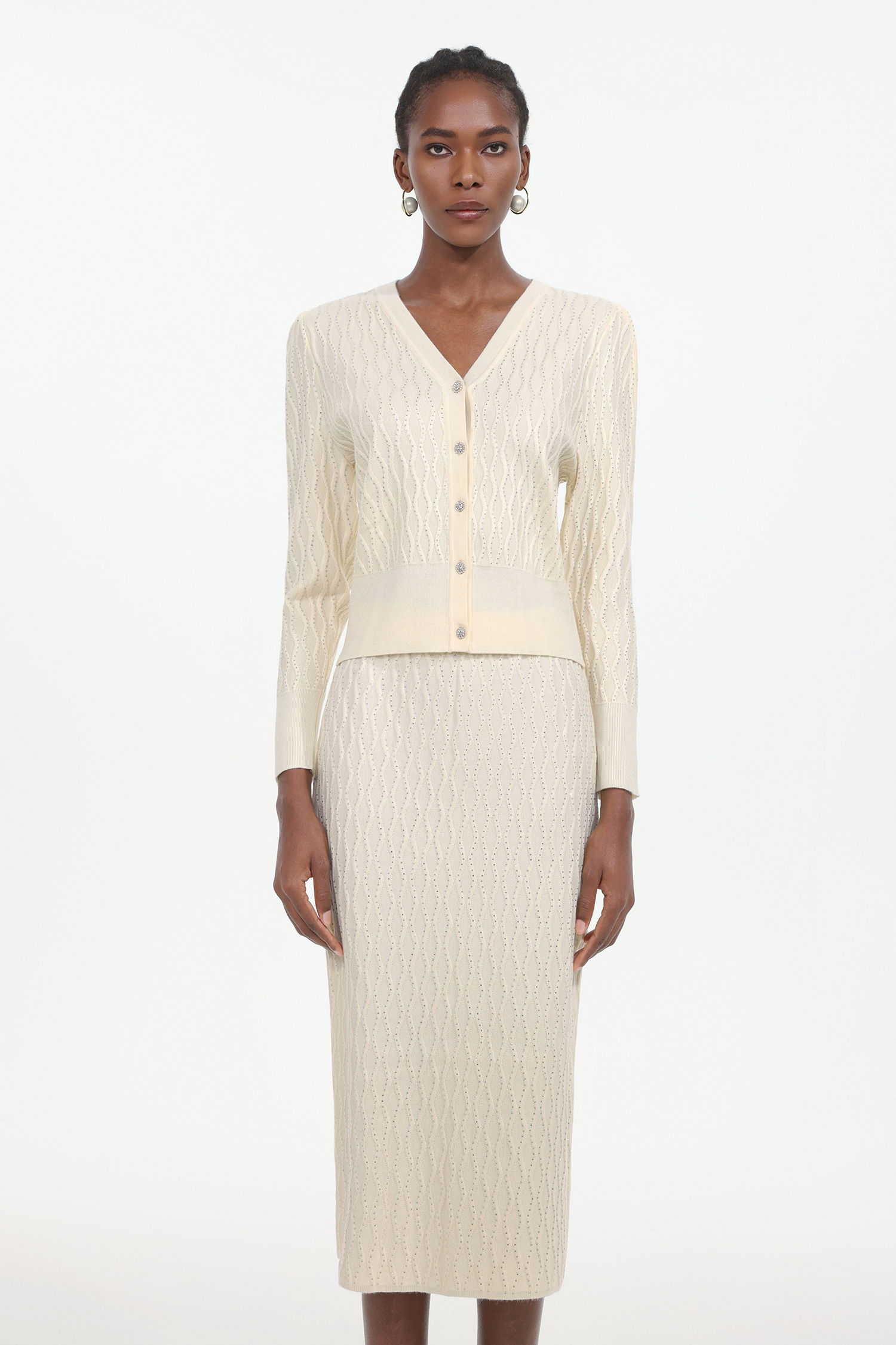 Serafe Romantic Contour Long Sleeve Knit Top And Skirt Two-Piece Set