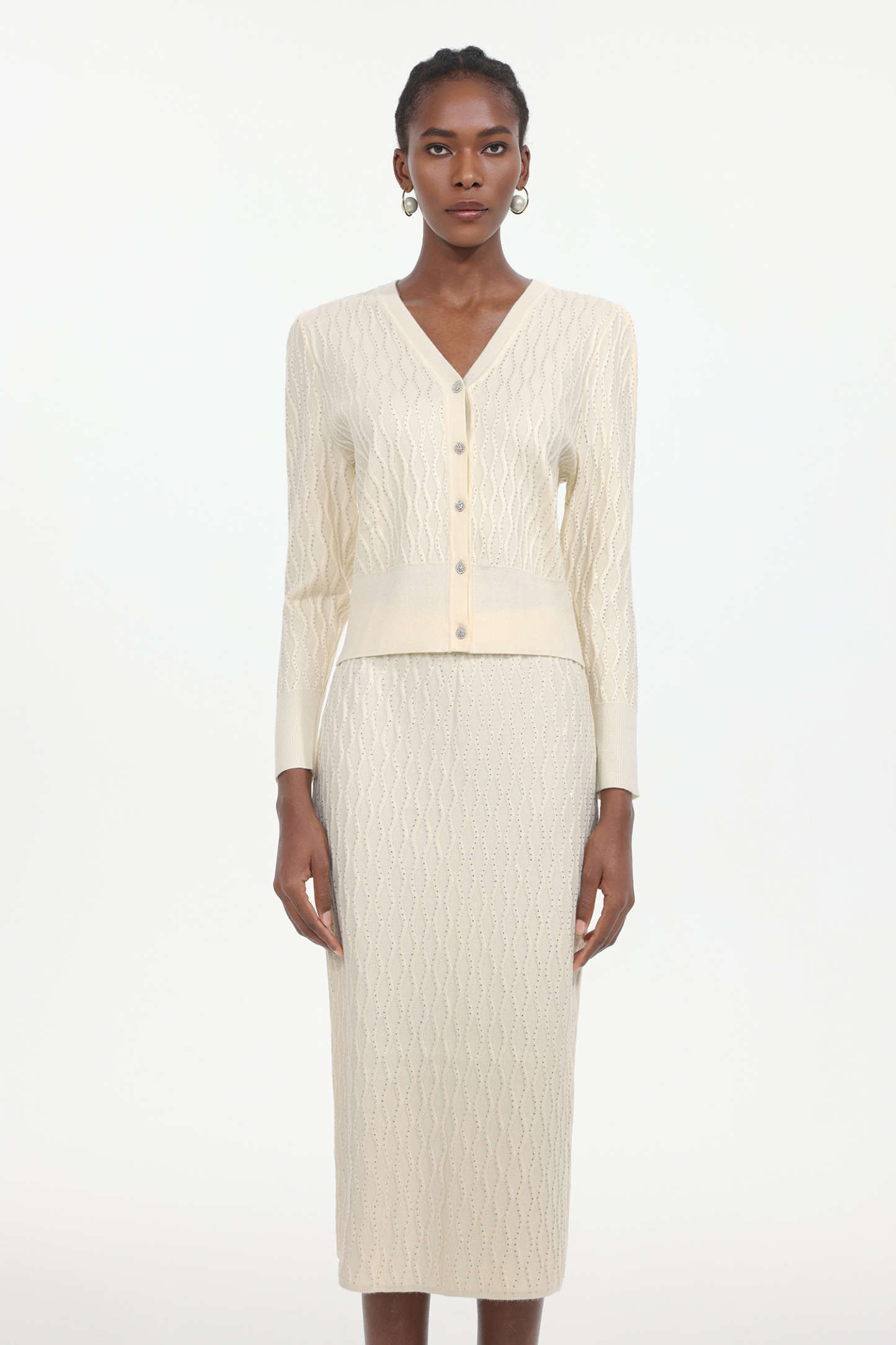 Serafe Romantic Contour Long Sleeve Knit Top And Skirt Two-Piece Set