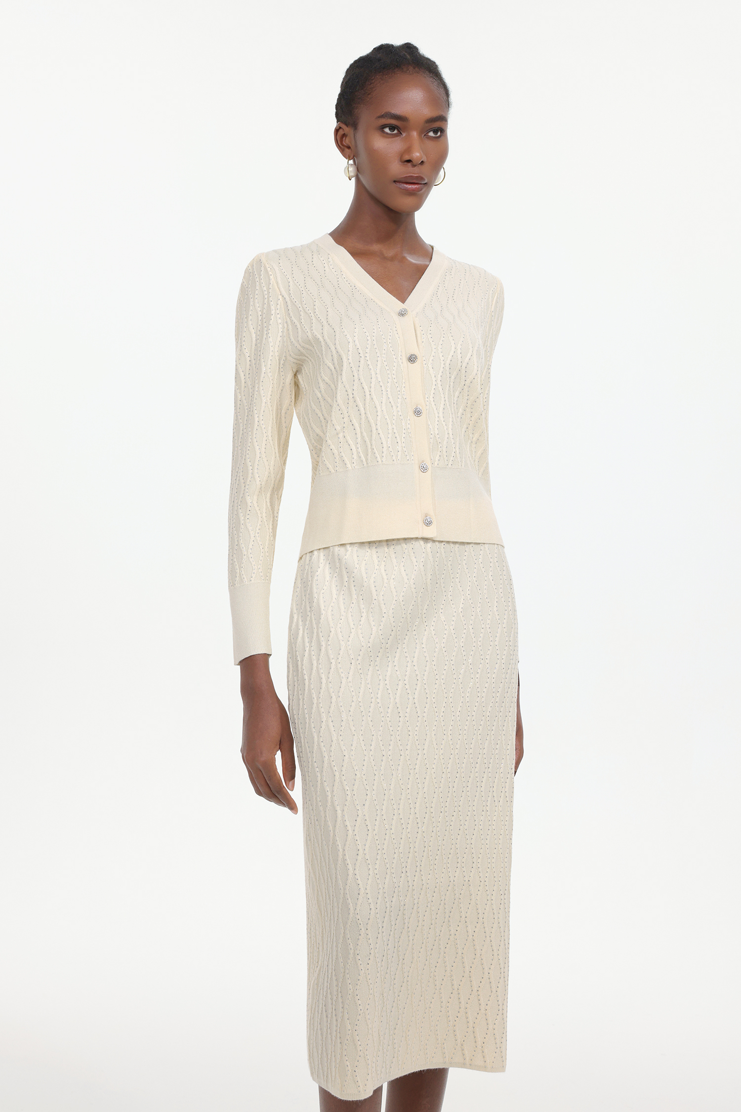 Serafe Romantic Contour Long Sleeve Knit Top And Skirt Two-Piece Set