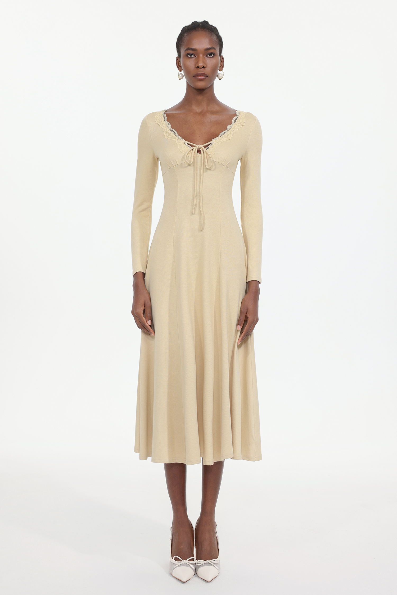 Winola Romantic Flowy Long Sleeve Bow Knit Maxi Dress