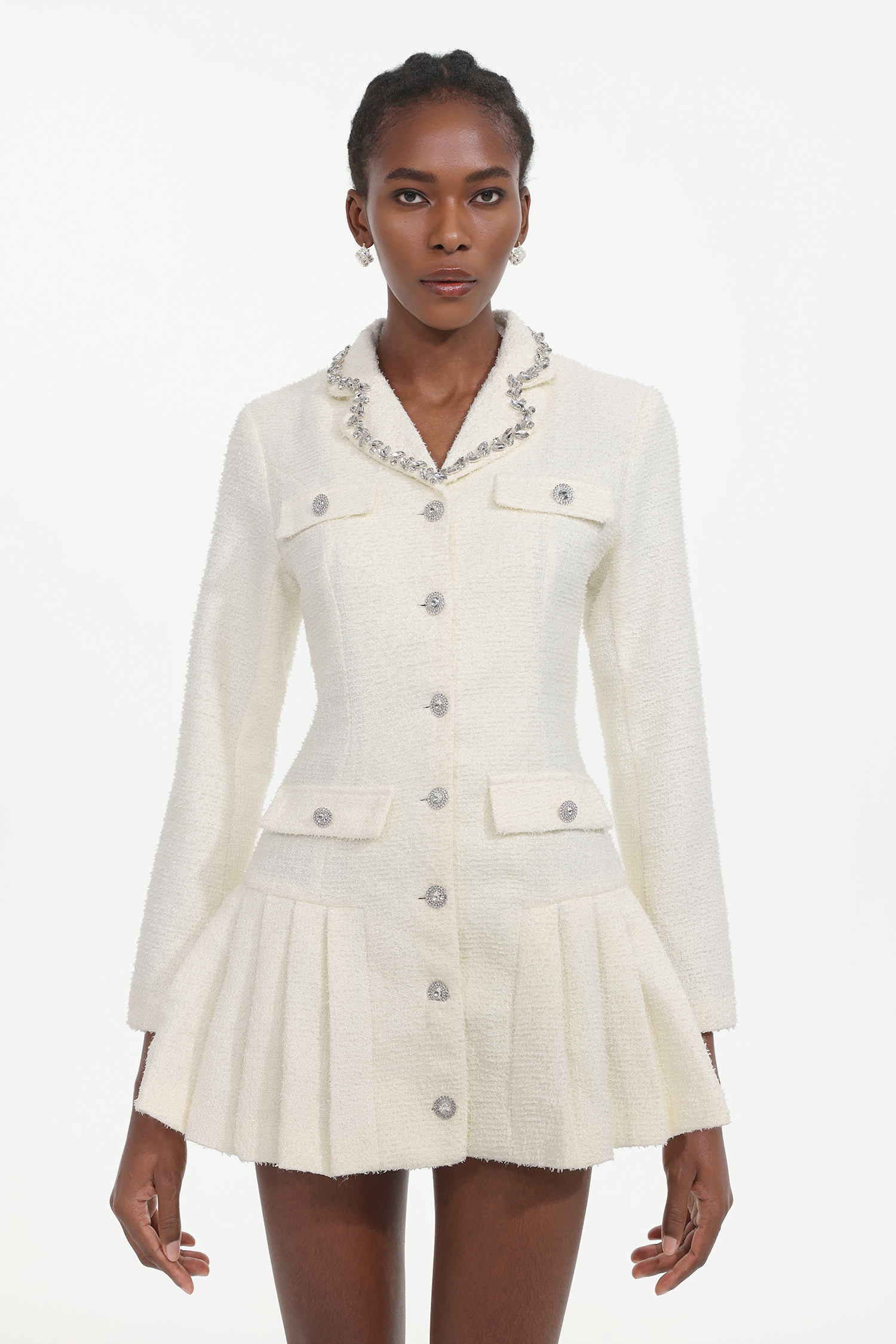 Ulama Classic Tailored Long Sleeve Rhinestone Woven Mini Dress