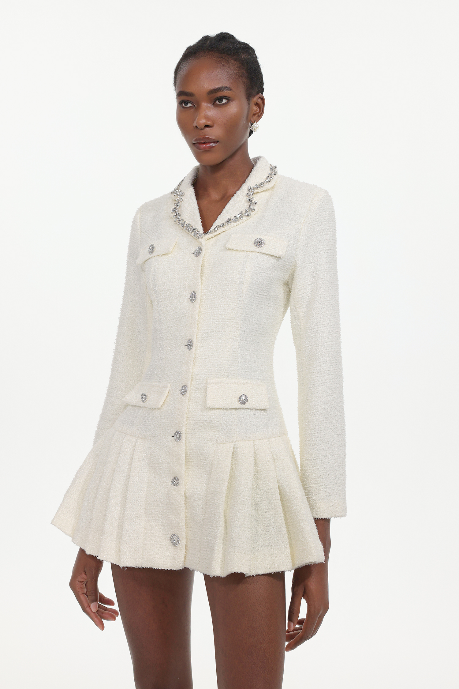 Ulama Classic Tailored Long Sleeve Rhinestone Woven Mini Dress