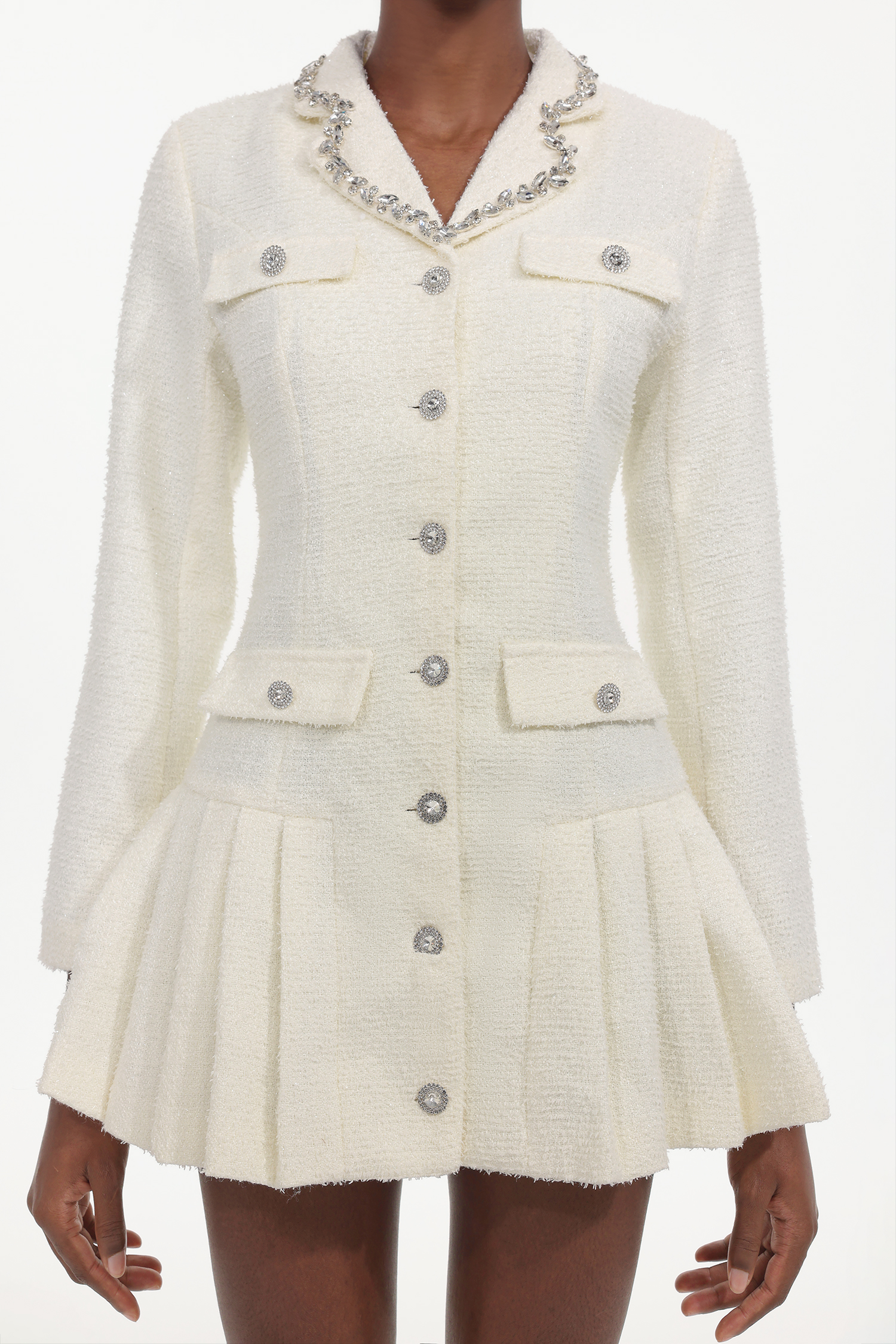 Ulama Classic Tailored Long Sleeve Rhinestone Woven Mini Dress