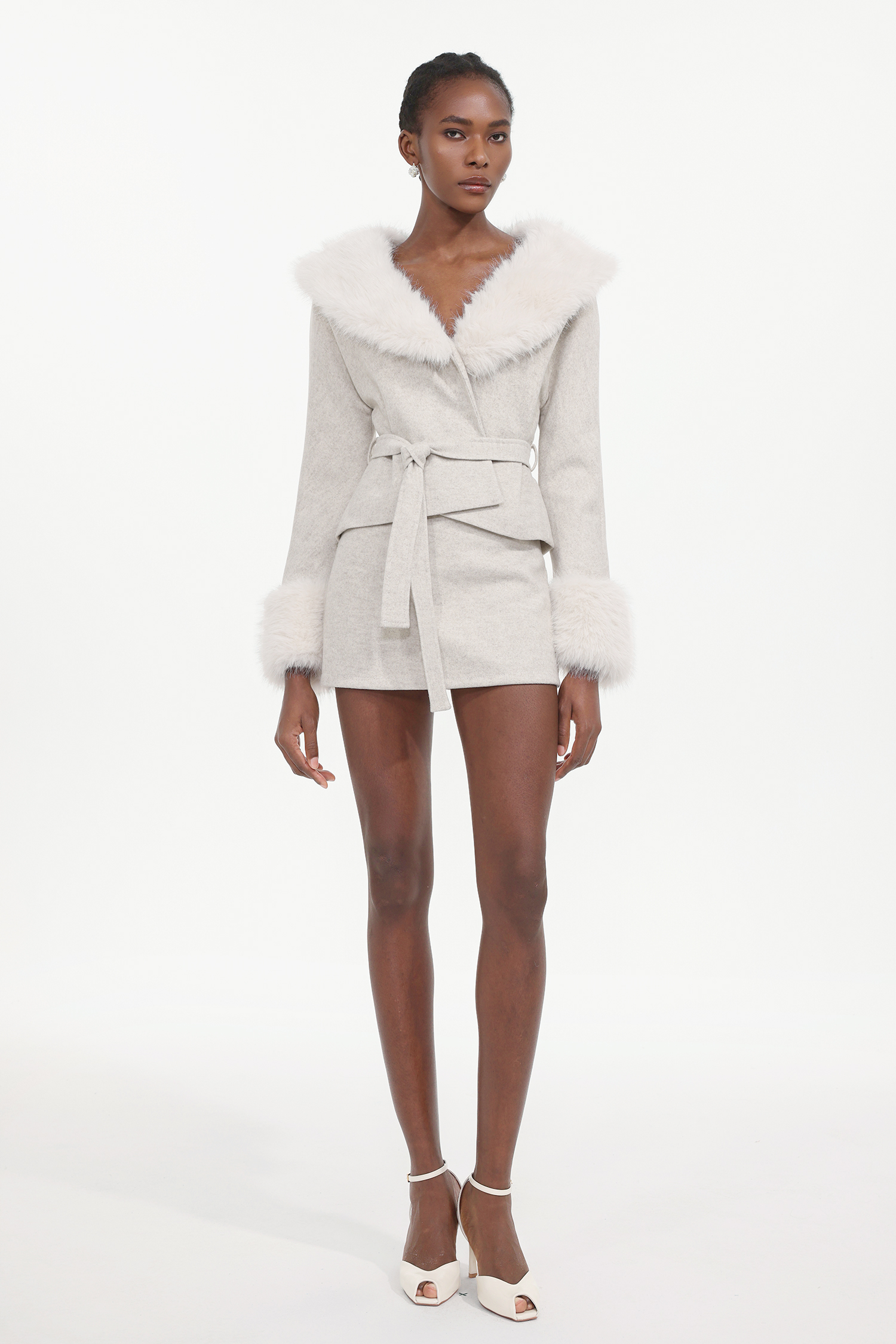 Loru Elegant Tailored Long Sleeve Fluffy Woven Coat And Skirt Two-Piece Set