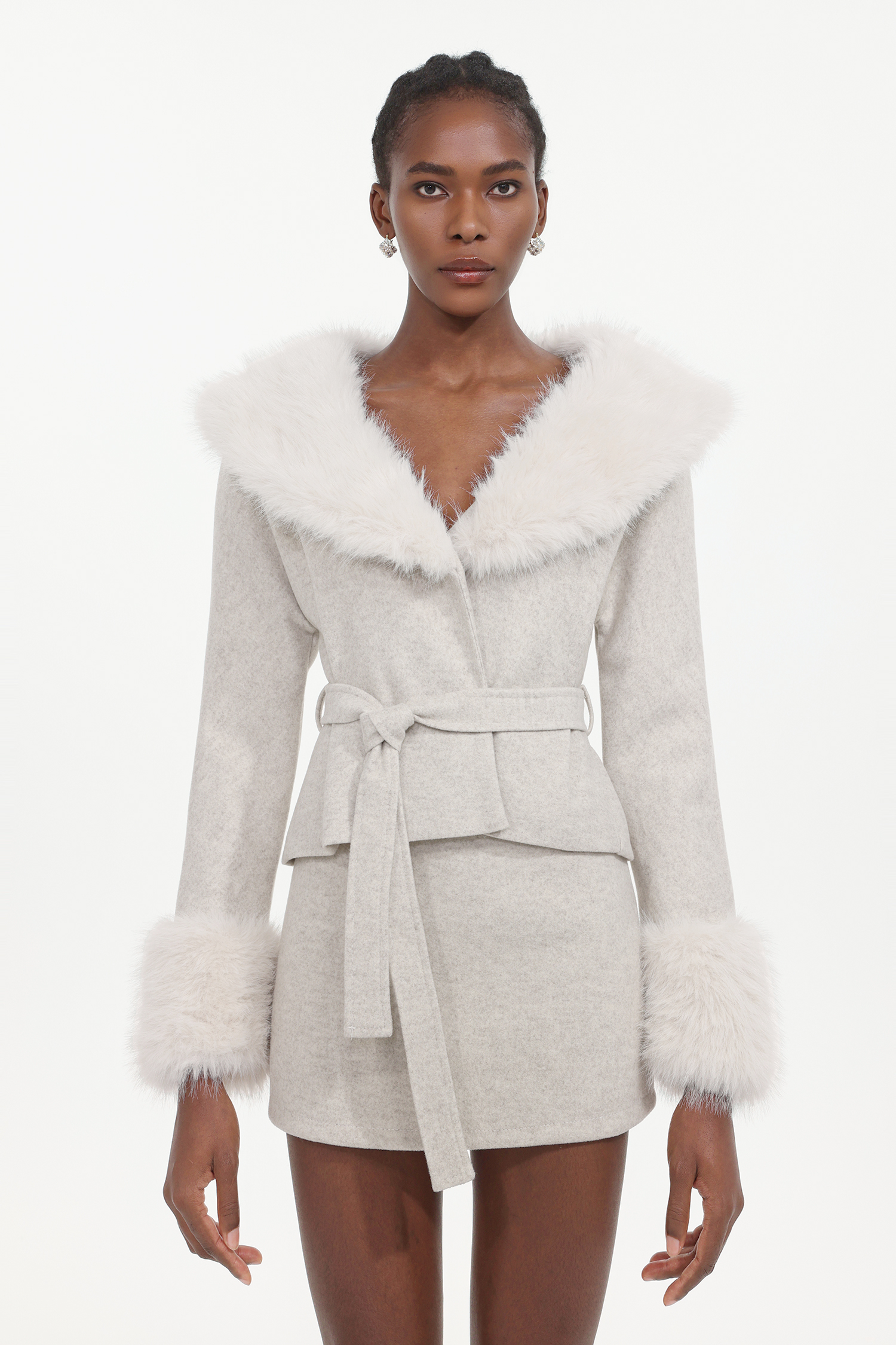 Loru Elegant Tailored Long Sleeve Fluffy Woven Coat And Skirt Two-Piece Set