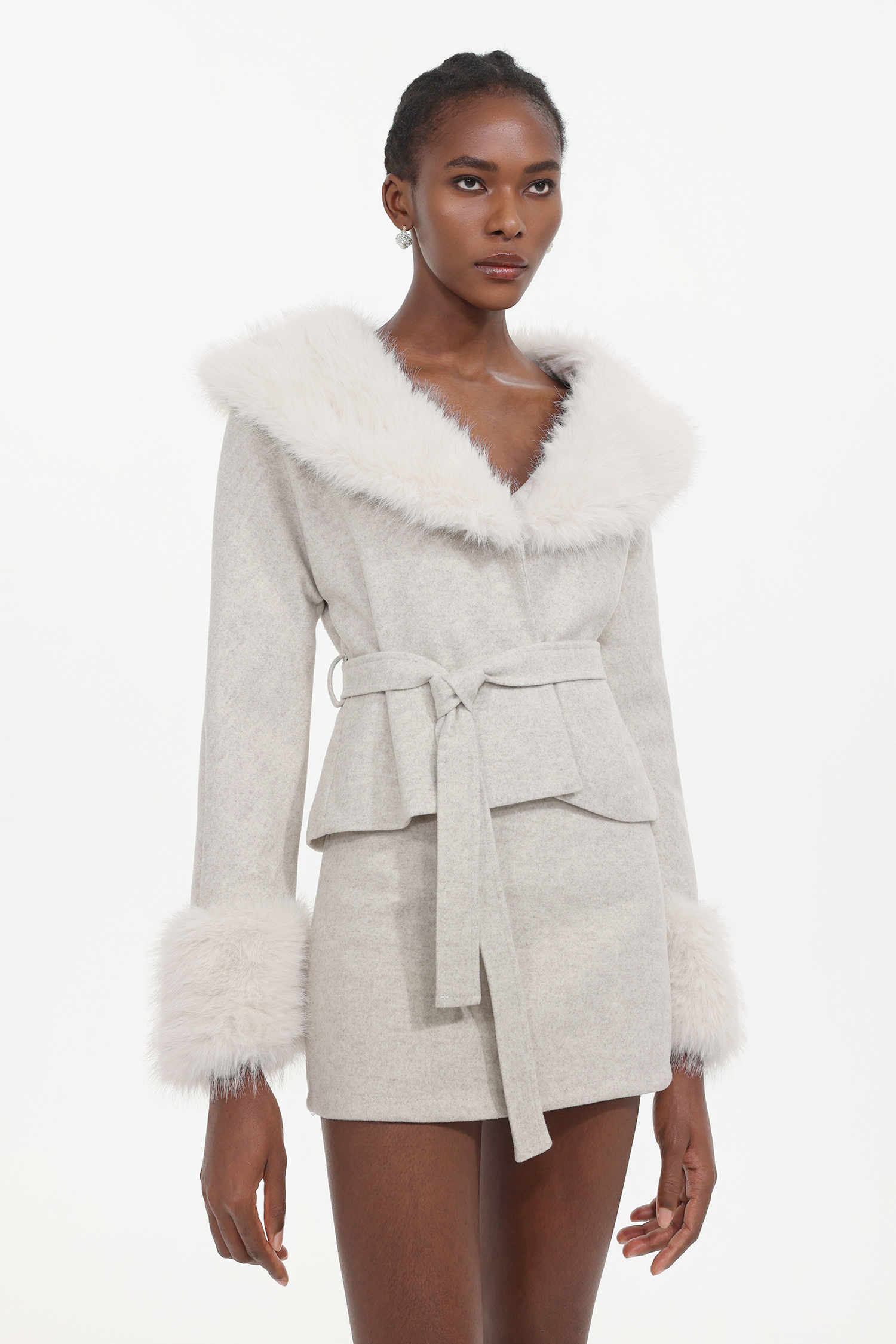 Loru Elegant Tailored Long Sleeve Fluffy Woven Coat And Skirt Two-Piece Set