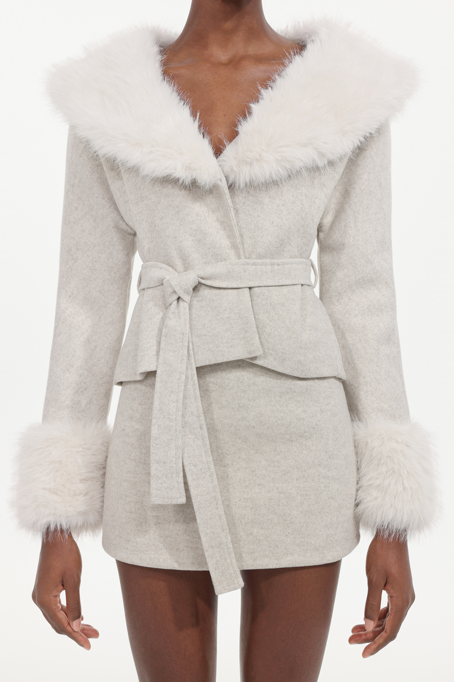 Loru Elegant Tailored Long Sleeve Fluffy Woven Coat And Skirt Two-Piece Set