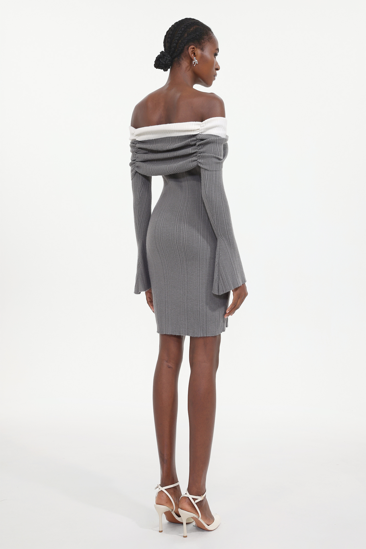 Kila Chic Embellished Off Shoulder Long Sleeve Rhinestone Knit Mini Dress