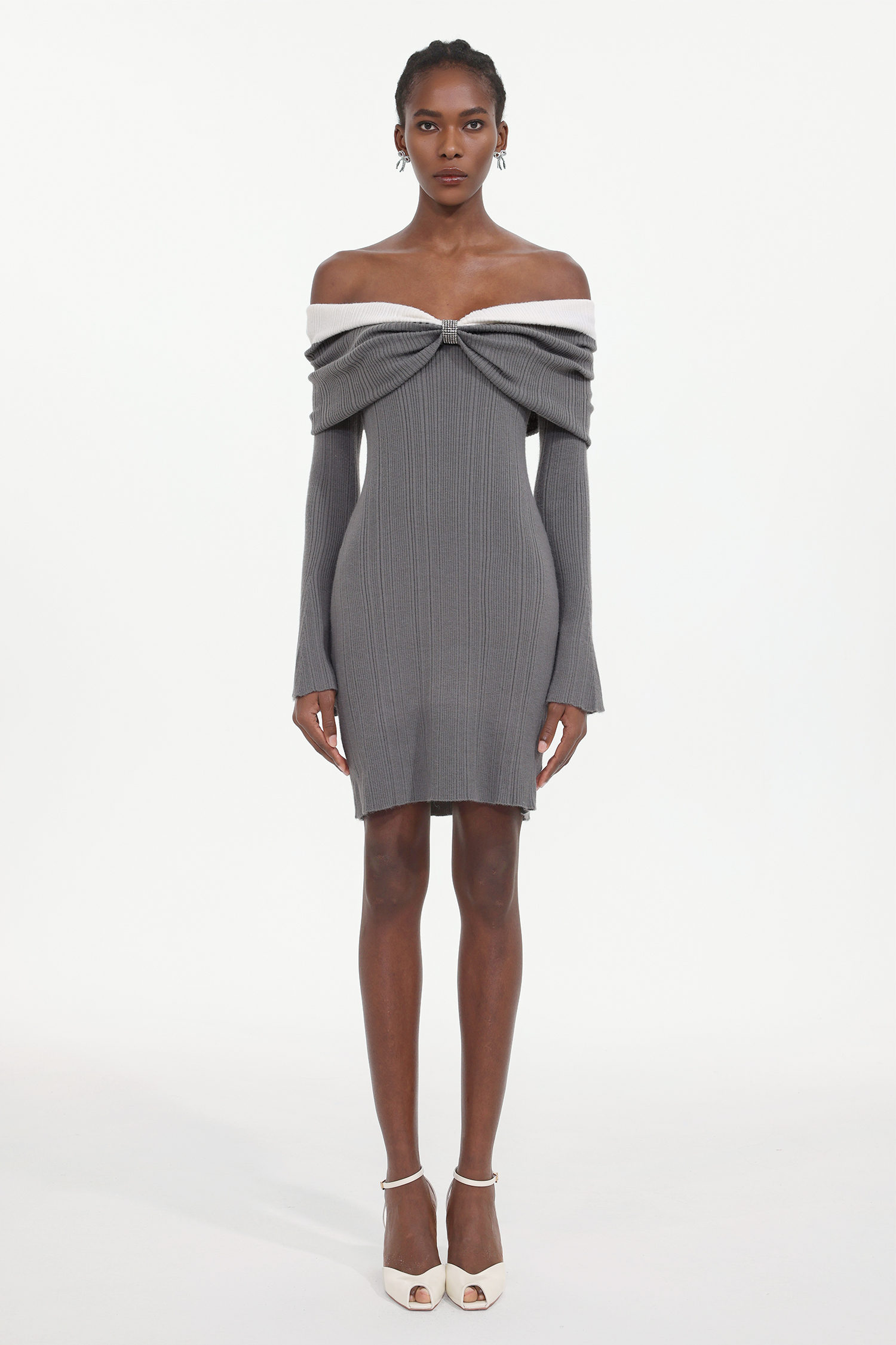 Kila Chic Embellished Off Shoulder Long Sleeve Rhinestone Knit Mini Dress