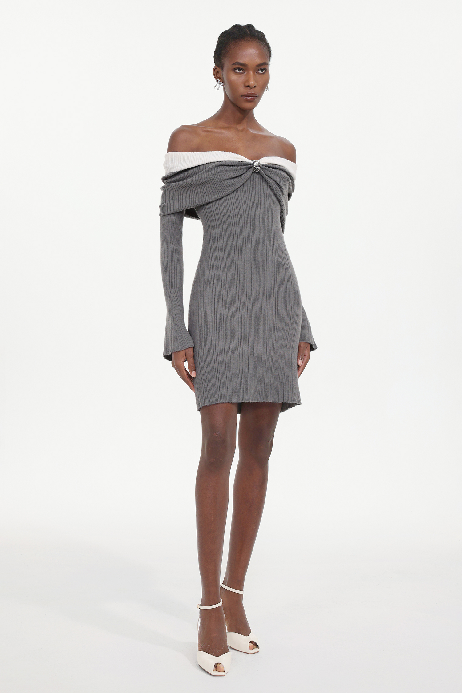 Kila Chic Embellished Off Shoulder Long Sleeve Rhinestone Knit Mini Dress